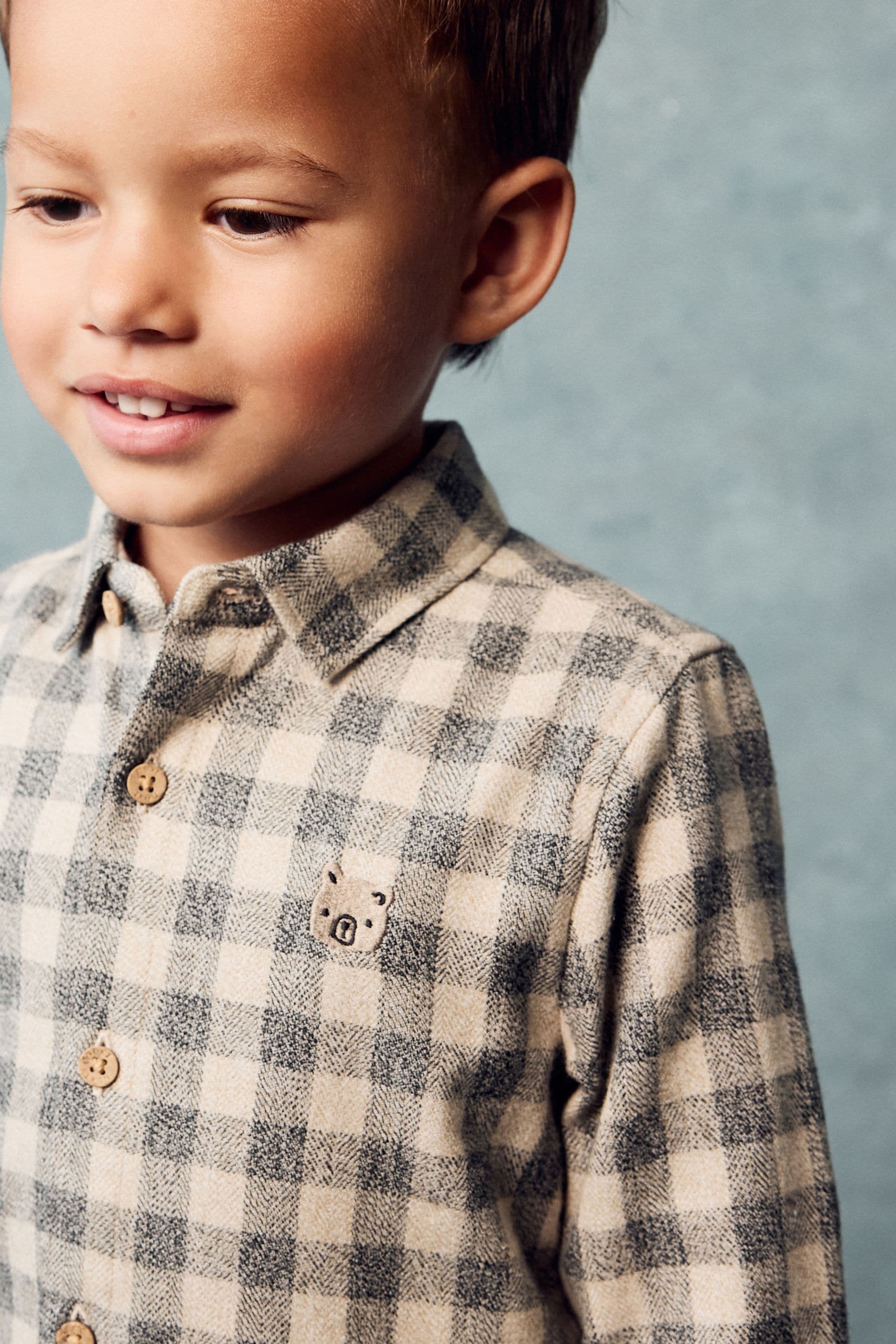 Neutral/Grey Scandi Check Character Long Sleeve Check 100% Cotton Shirt (3mths-7yrs)