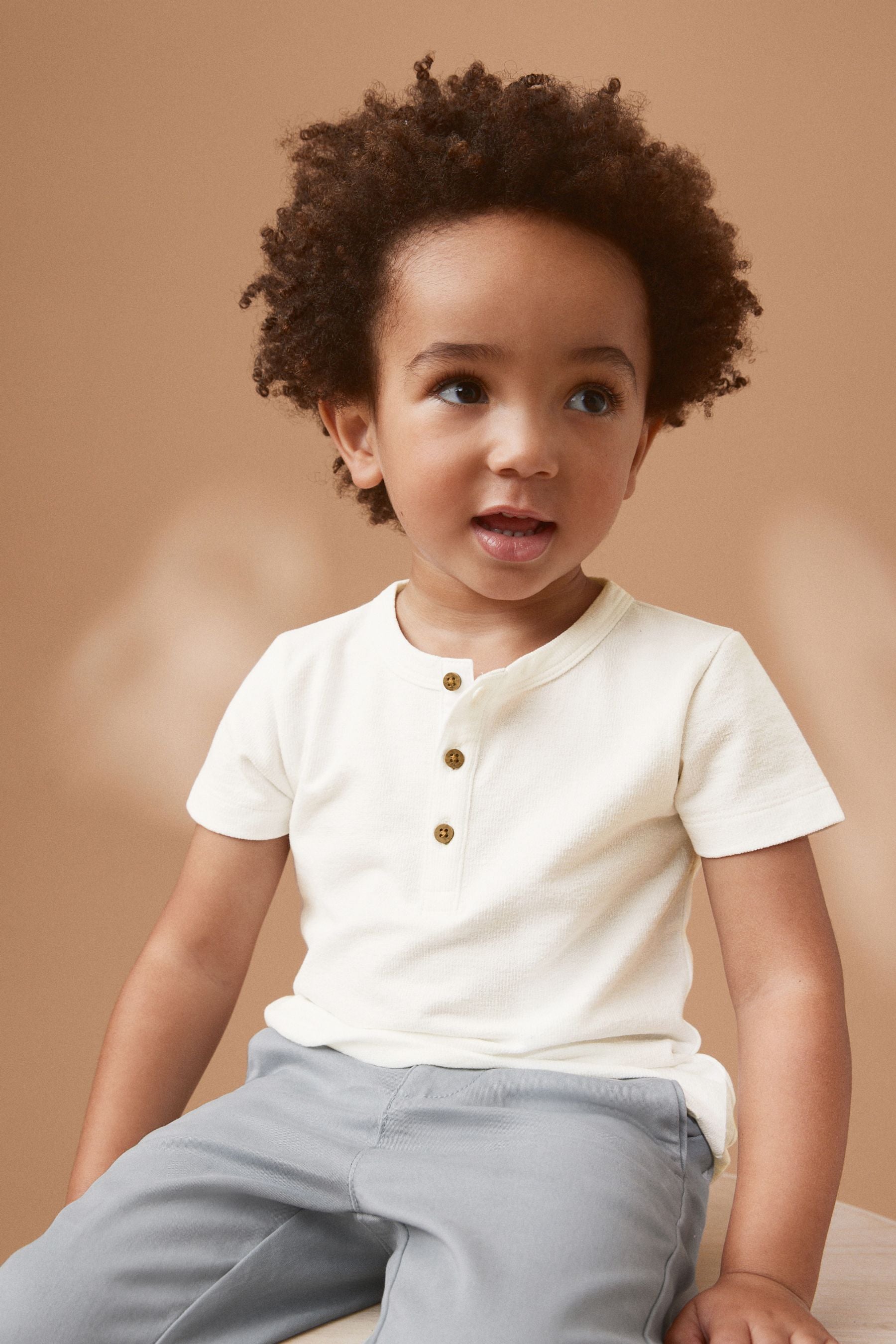 White Short Sleeve Henley Neck T-Shirt (3mths-7yrs)