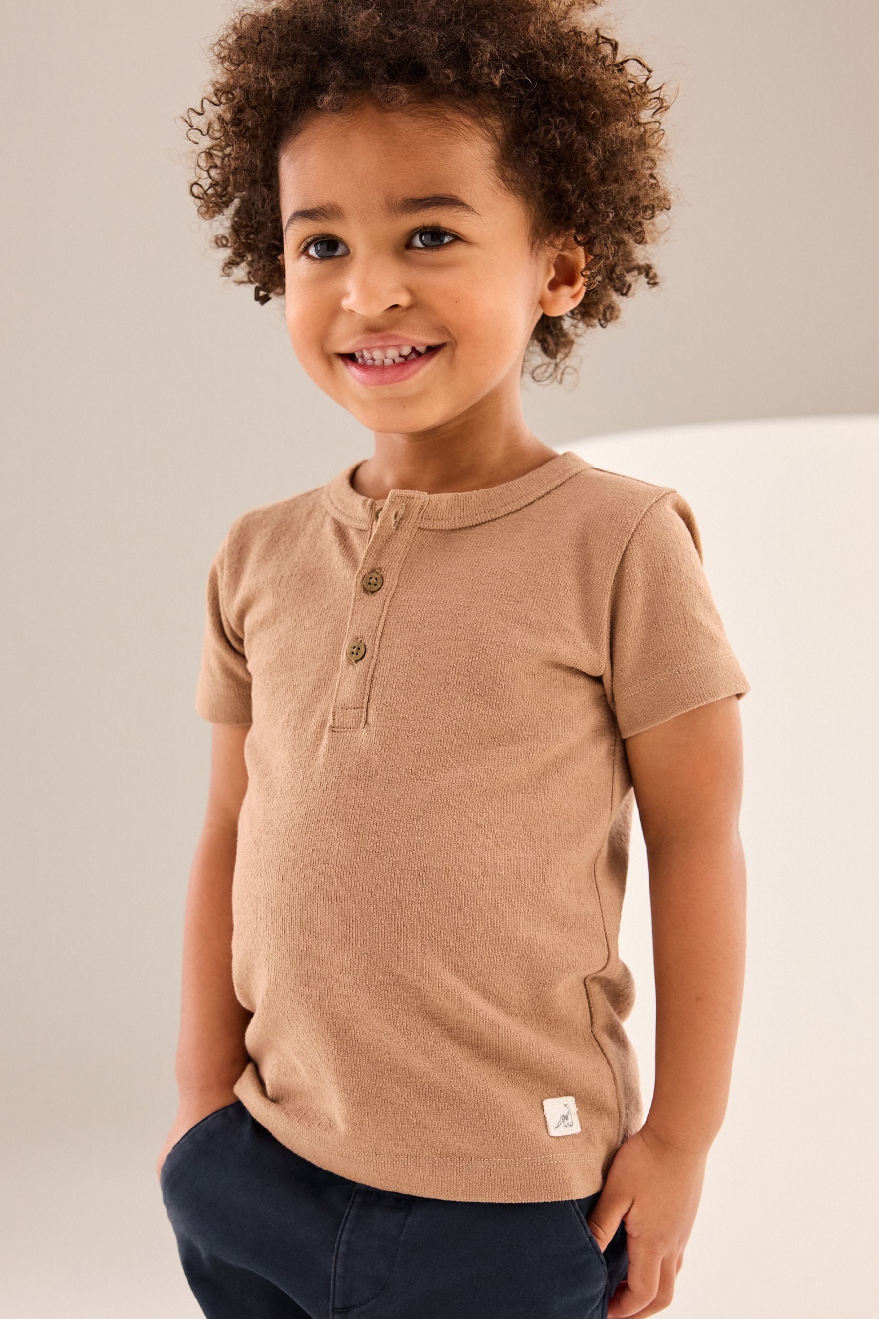 Tan Brown Short Sleeve Henley Neck T-Shirt (3mths-7yrs)