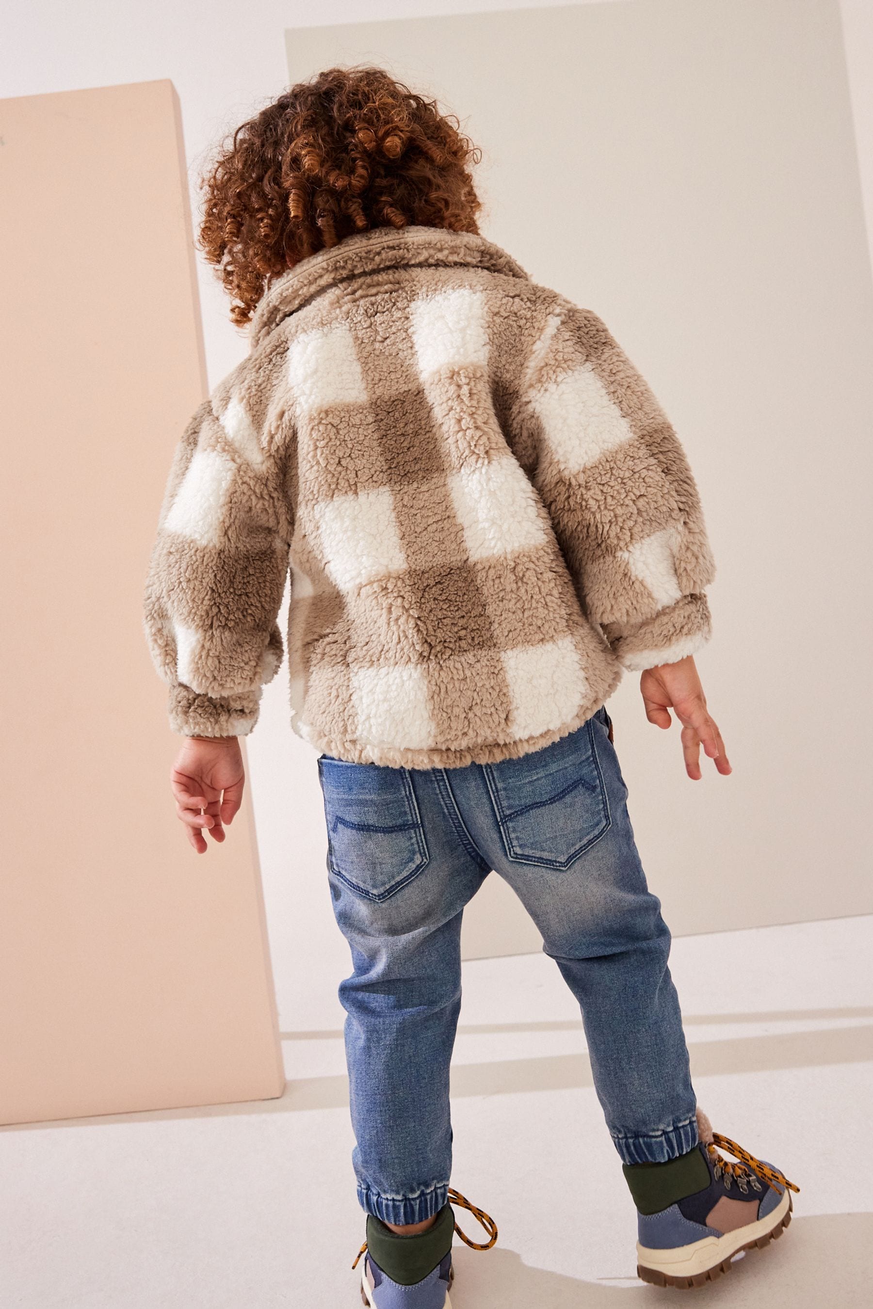 Tan Brown Checkerboard Borg Fleece Shacket (3mths-7yrs)