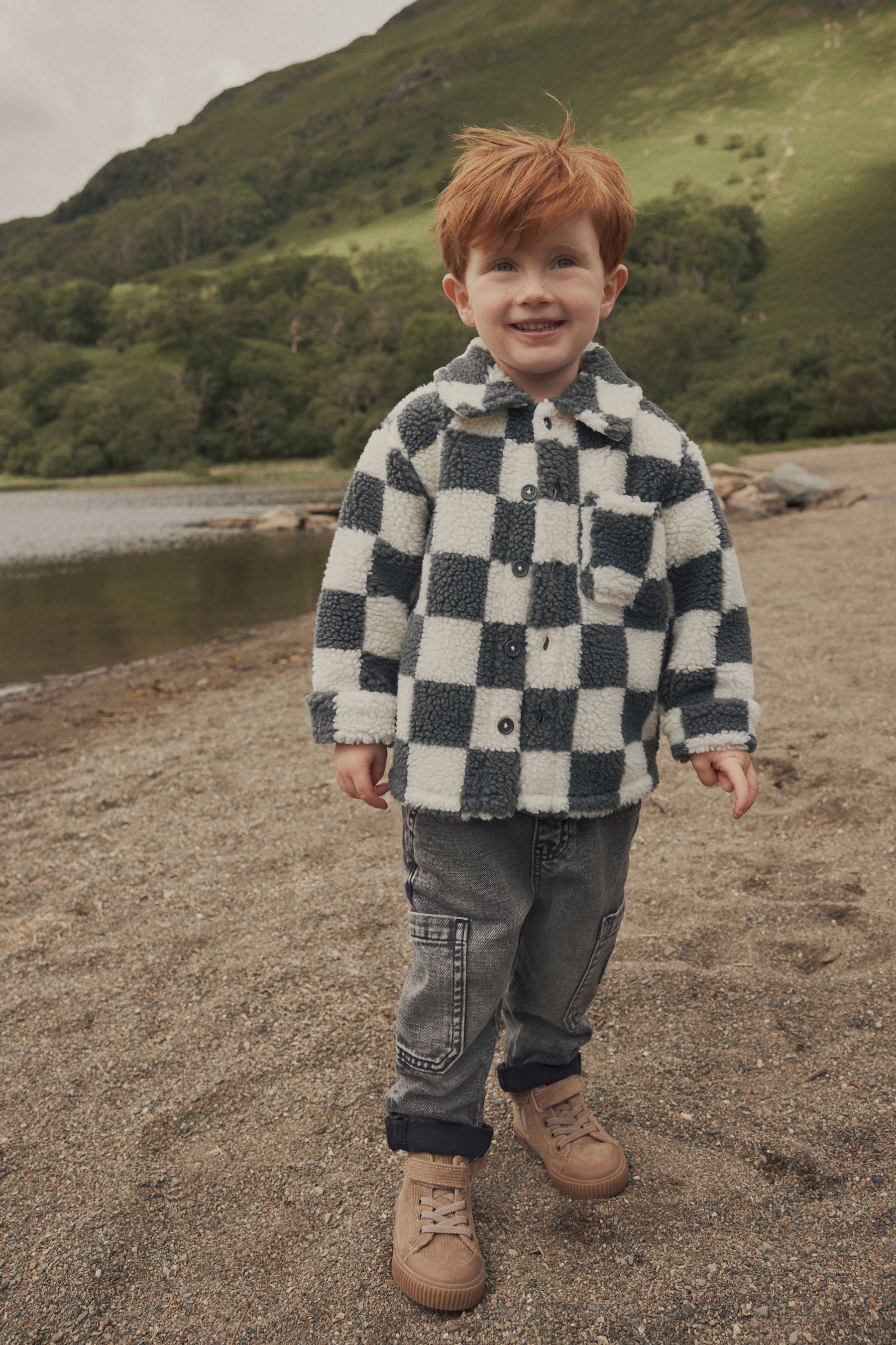 Grey Checkerboard Borg Fleece Shacket (3mths-7yrs)