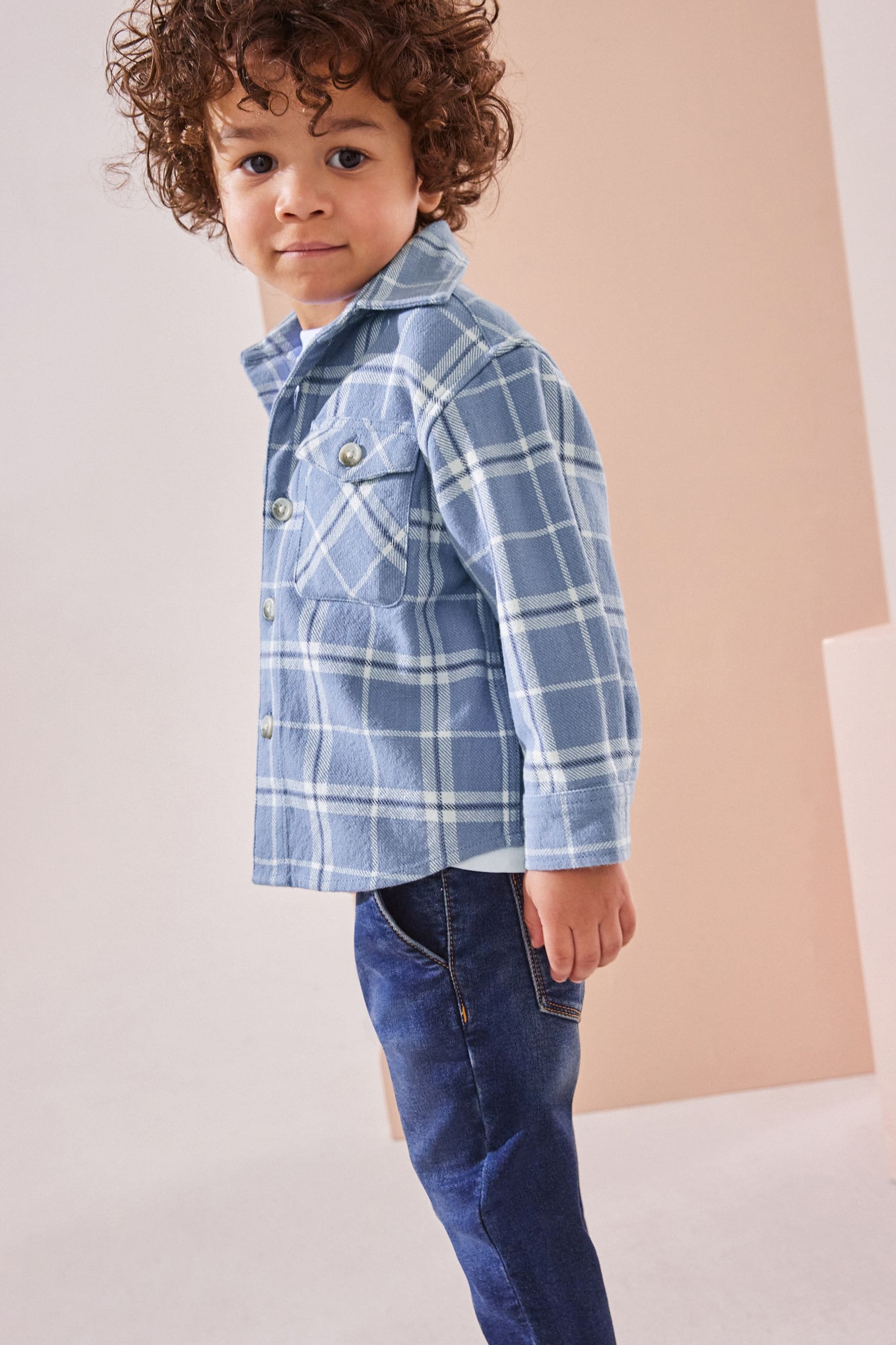 Light Blue 100% Cotton Long Sleeve Check Shirt and T-Shirt Set (3mths-7yrs)