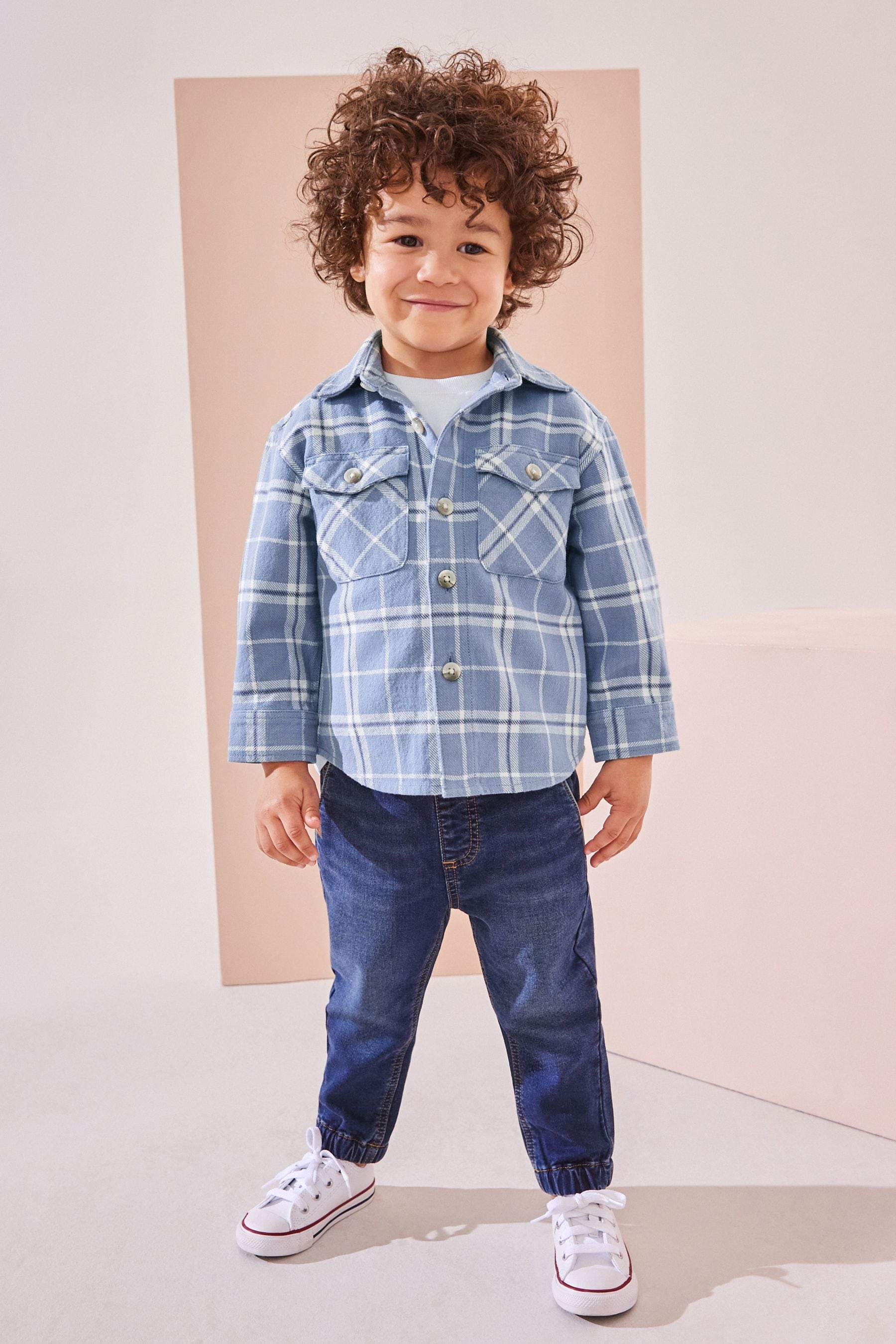 Light Blue 100% Cotton Long Sleeve Check Shirt and T-Shirt Set (3mths-7yrs)