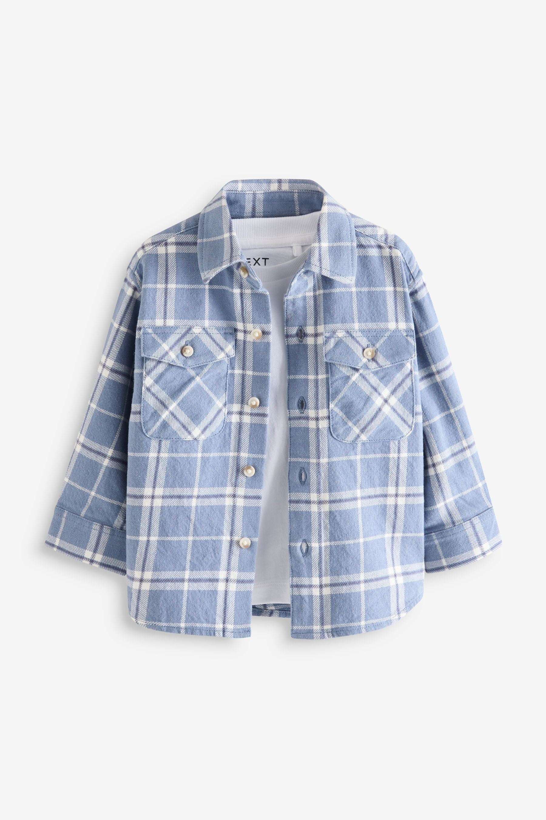 Light Blue 100% Cotton Long Sleeve Check Shirt and T-Shirt Set (3mths-7yrs)