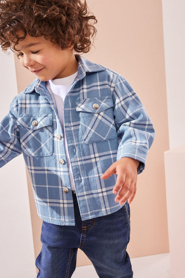 Light Blue 100% Cotton Long Sleeve Check Shirt and T-Shirt Set (3mths-7yrs)