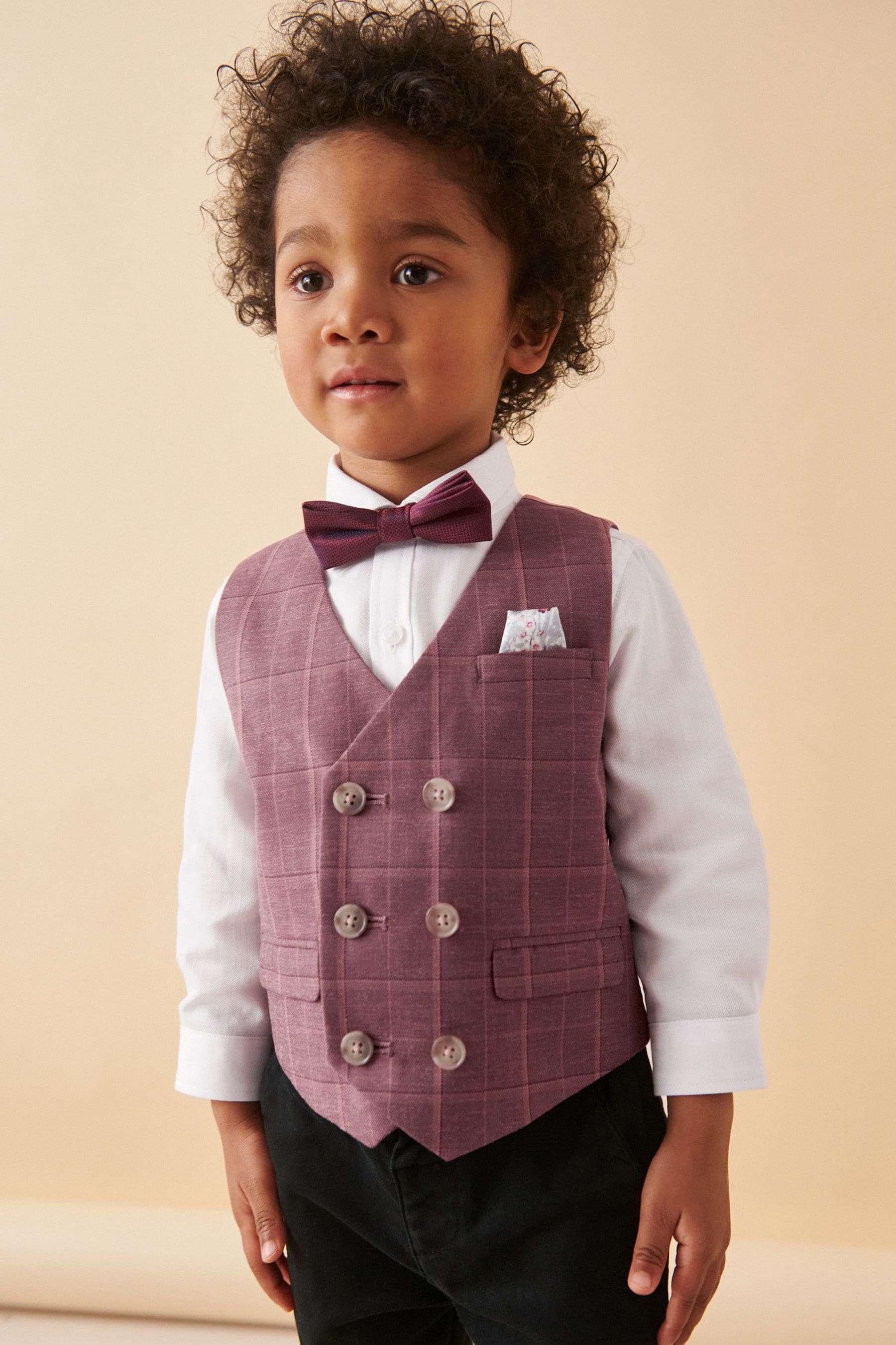 Plum Purple Check Waistcoat Set With Shirt And Bow Tie (3mths-7yrs)