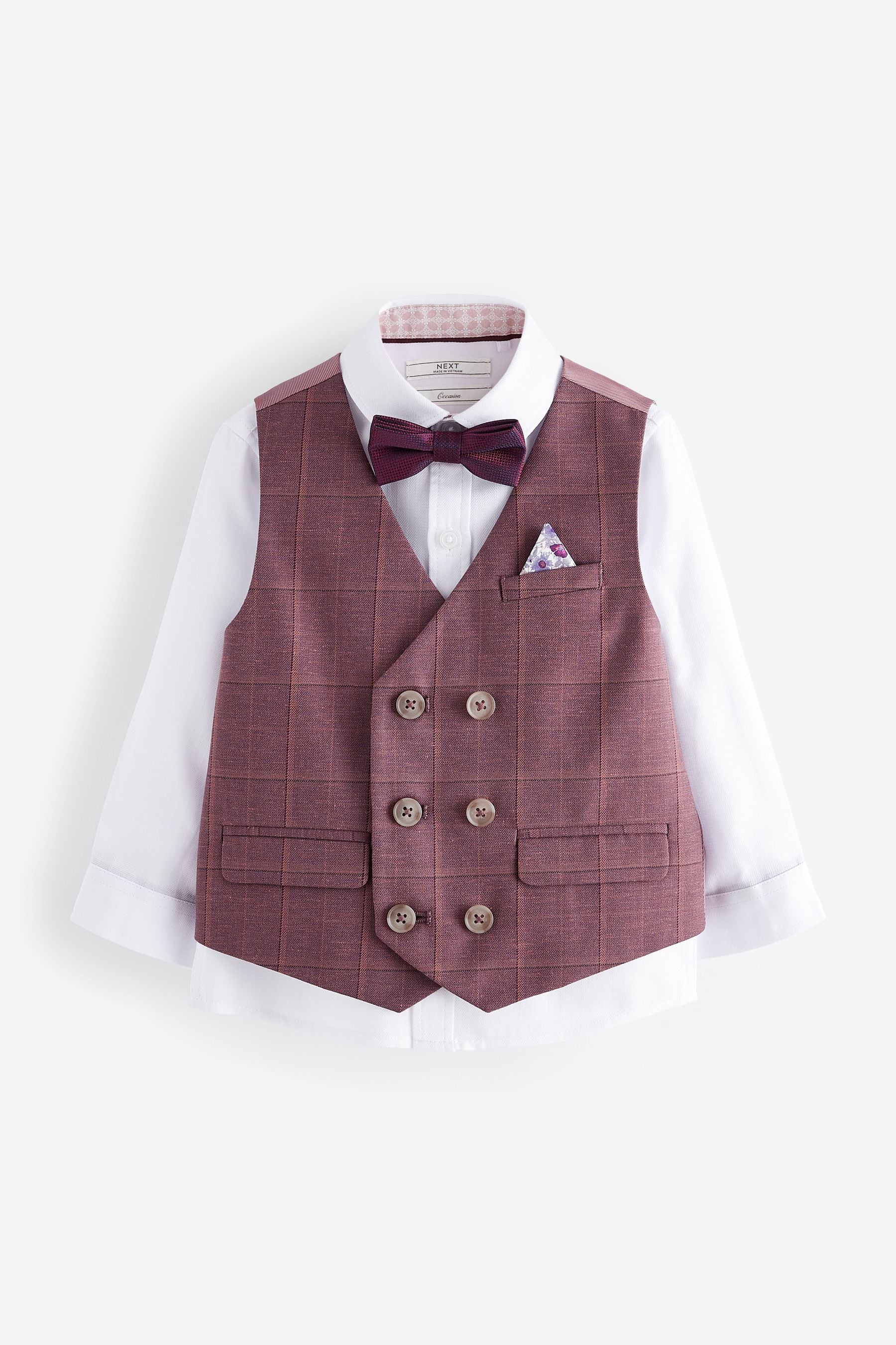 Plum Purple Check Waistcoat Set With Shirt And Bow Tie (3mths-7yrs)