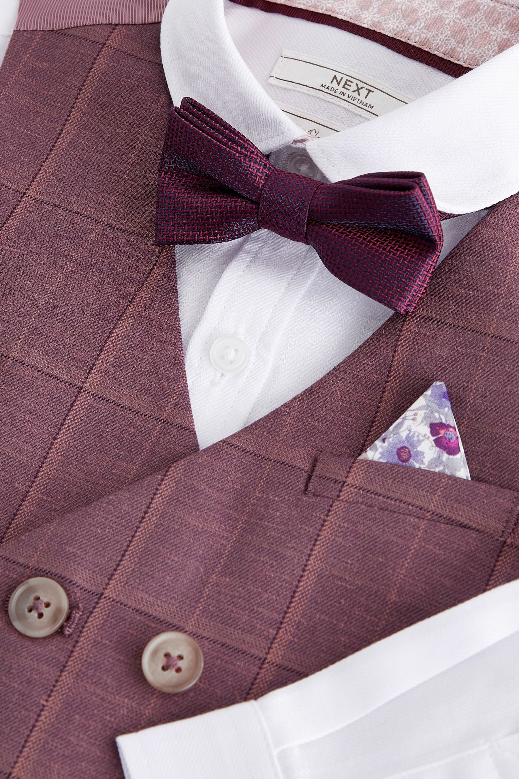 Plum Purple Check Waistcoat Set With Shirt And Bow Tie (3mths-7yrs)