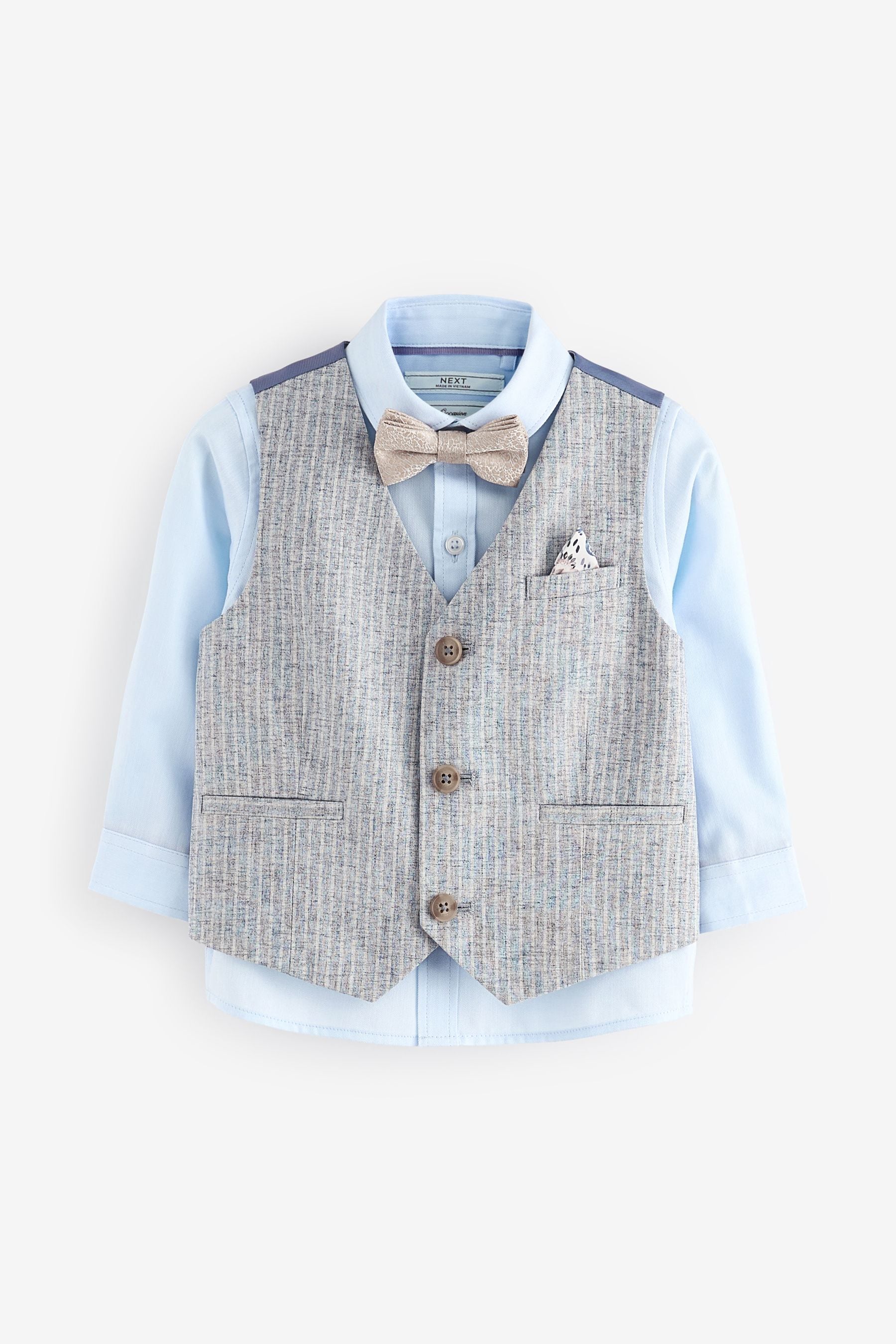 Blue Linen Stripe Waistcoat Set With Shirt And Bow Tie (3mths-7yrs)