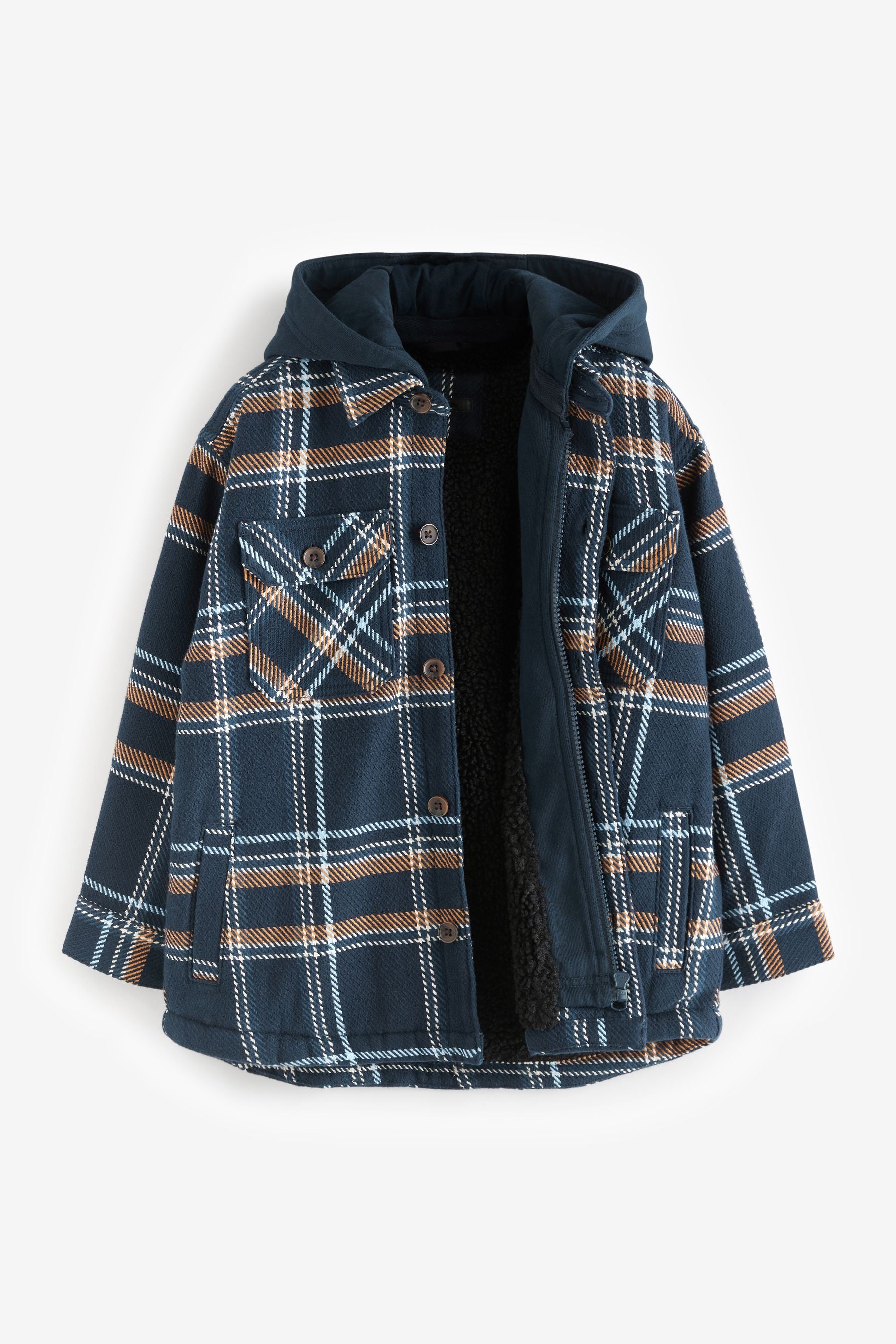 Navy Blue Check Hooded Shacket (3-16yrs)