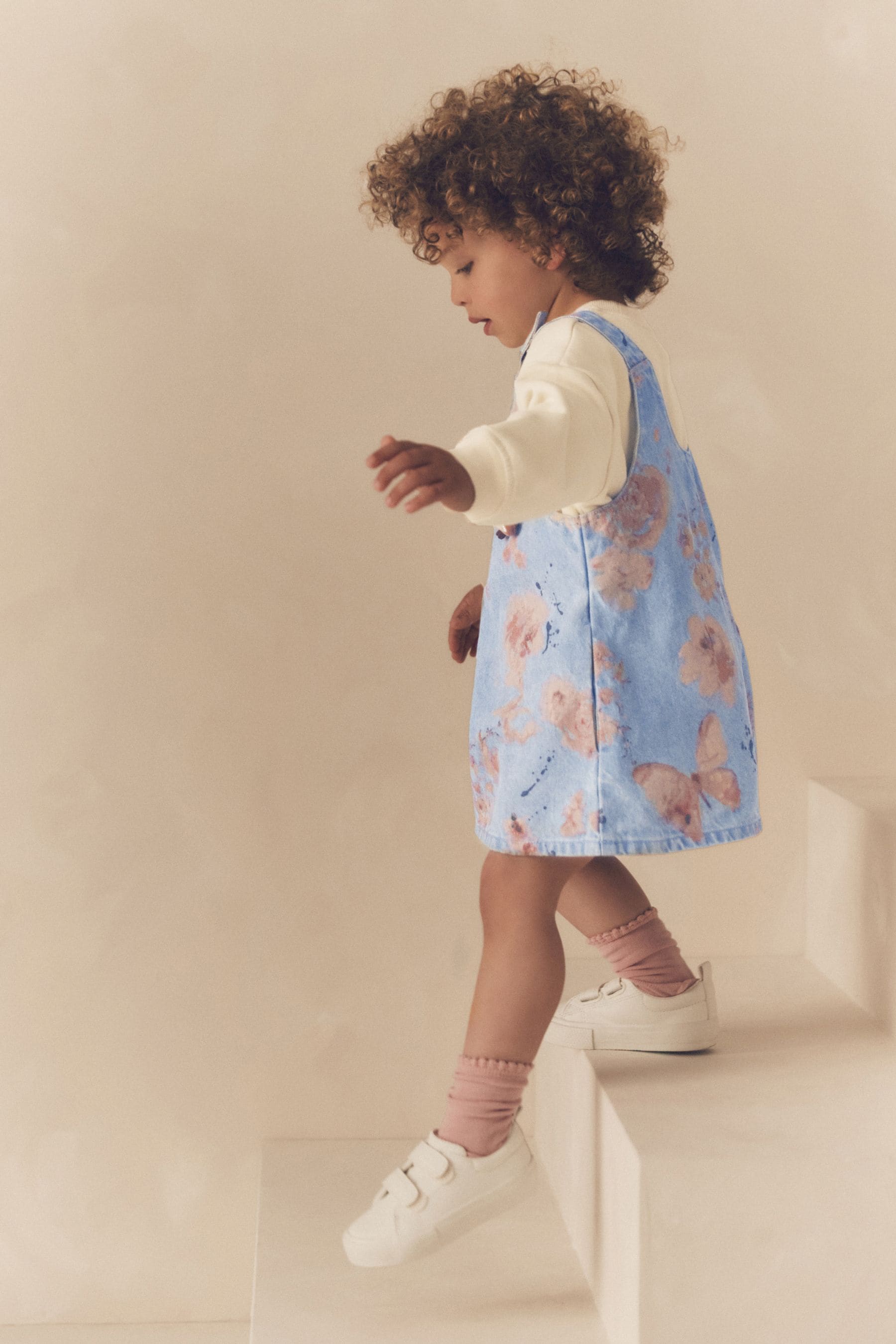 Blue Floral Denim Printed Pinafore And 100% Cotton Sweater Set (12mths-8yrs)