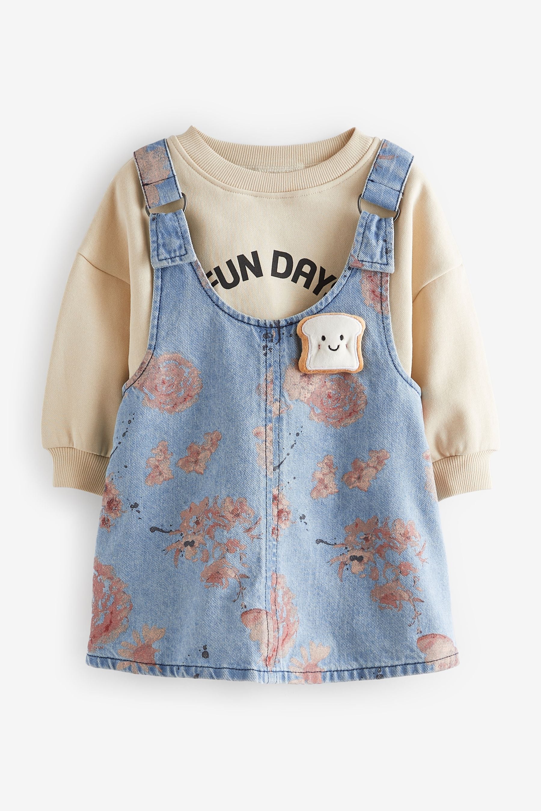 Blue Floral Denim Printed Pinafore And 100% Cotton Sweater Set (12mths-8yrs)