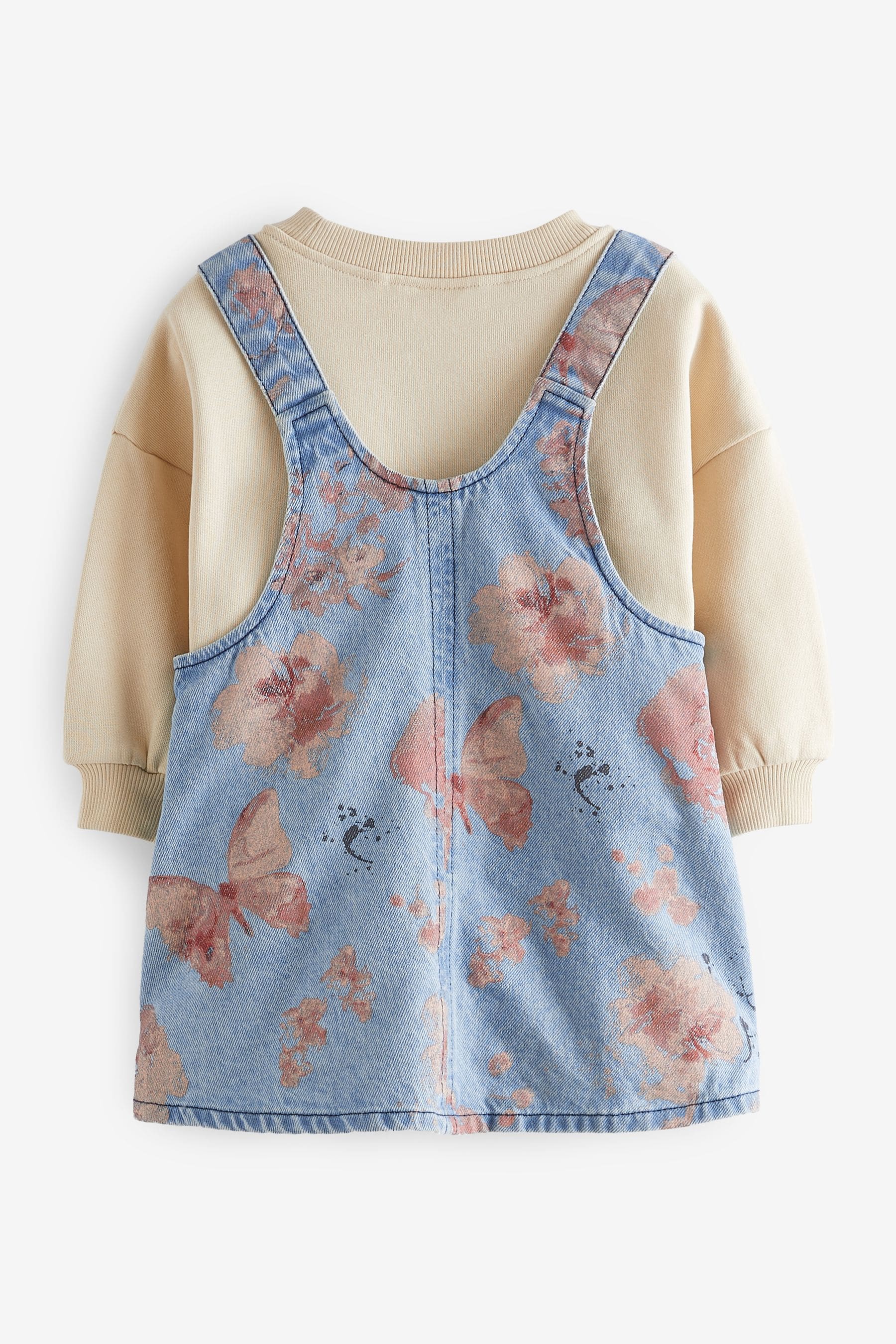 Blue Floral Denim Printed Pinafore And 100% Cotton Sweater Set (12mths-8yrs)