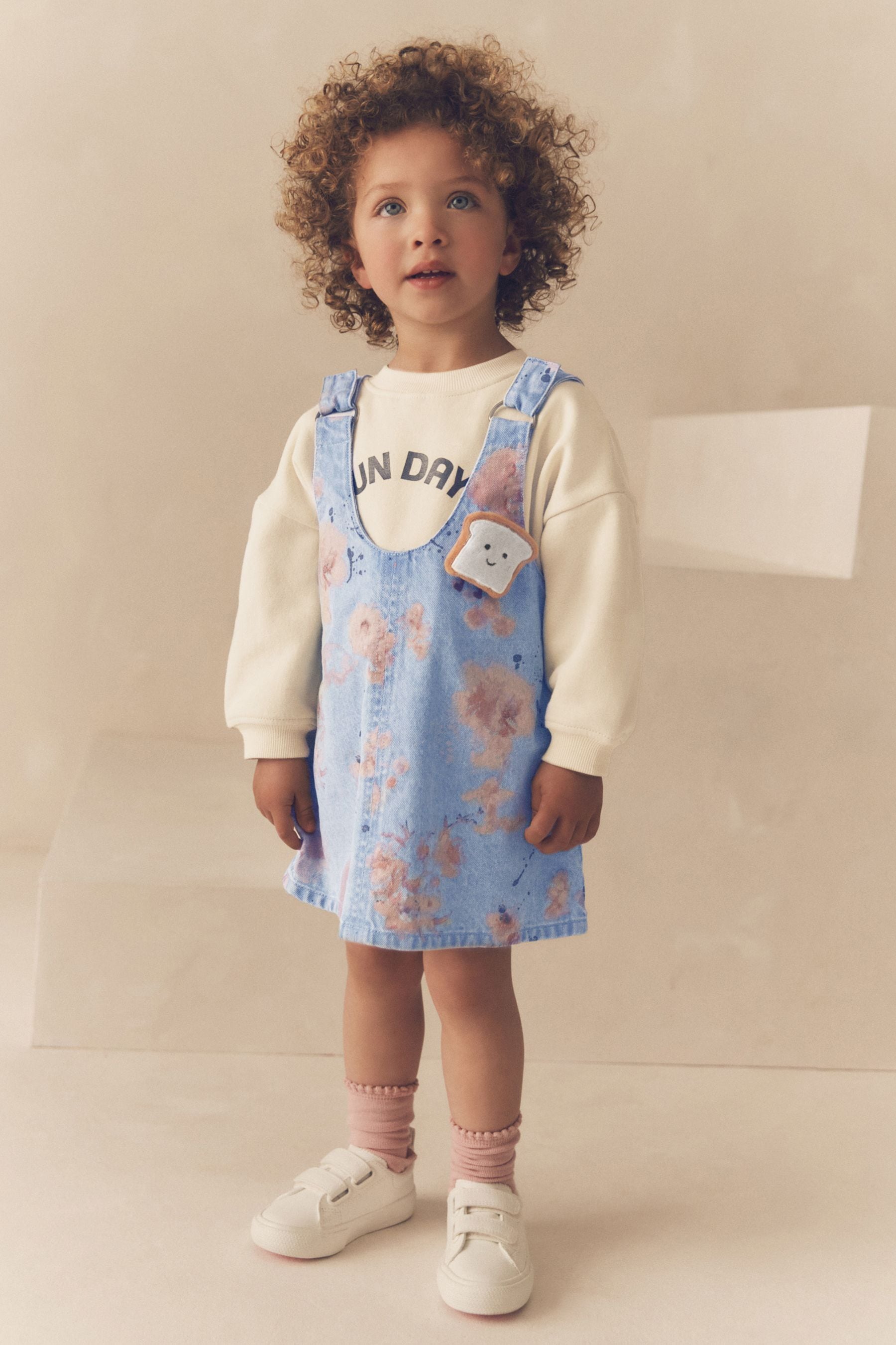 Blue Floral Denim Printed Pinafore And 100% Cotton Sweater Set (12mths-8yrs)