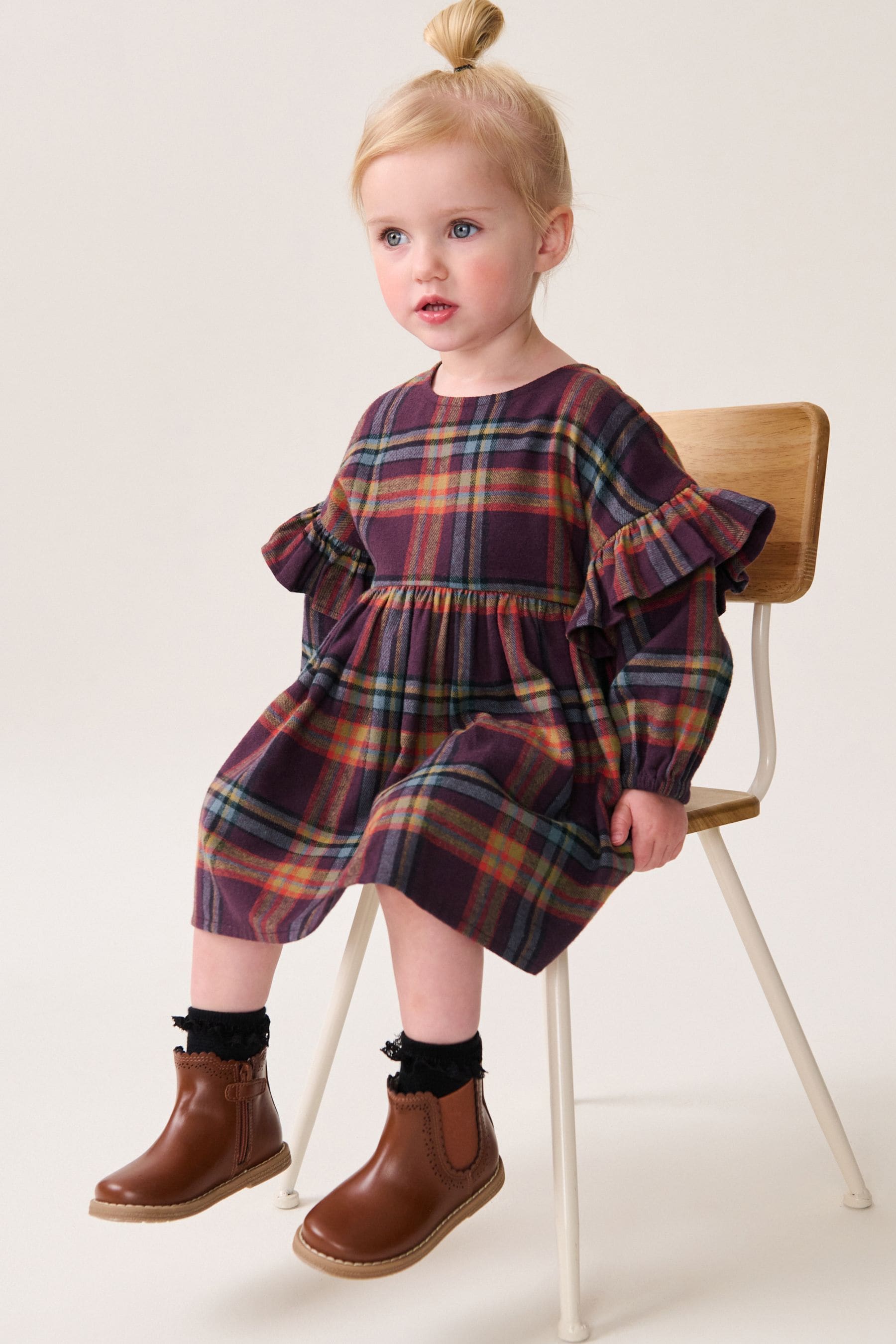 Purple 100% Cotton Check Frill Dress (3mths-8yrs)