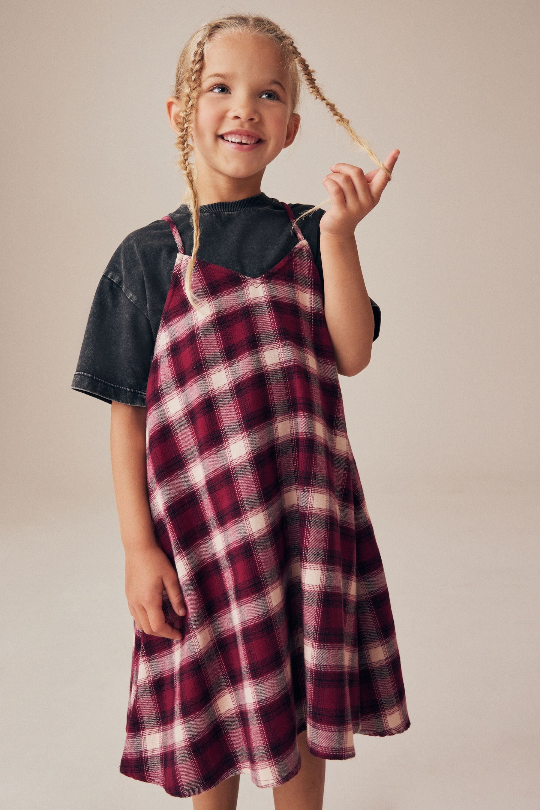 Berry Red Check Slip Dress And T-Shirt Set (3-16yrs)