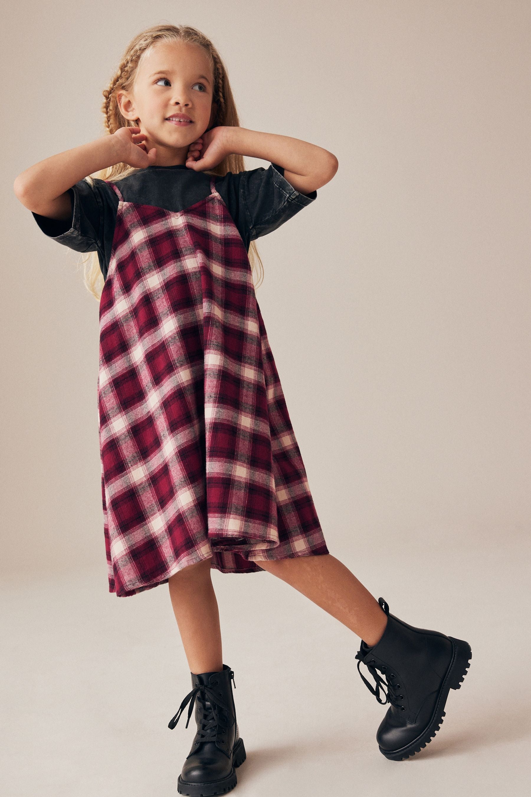 Berry Red Check Slip Dress And T-Shirt Set (3-16yrs)