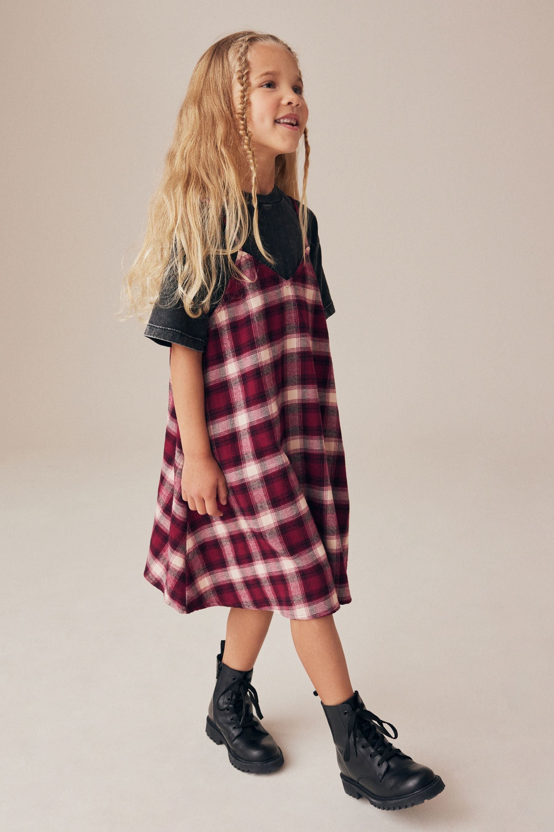 Berry Red Check Slip Dress And T-Shirt Set (3-16yrs)