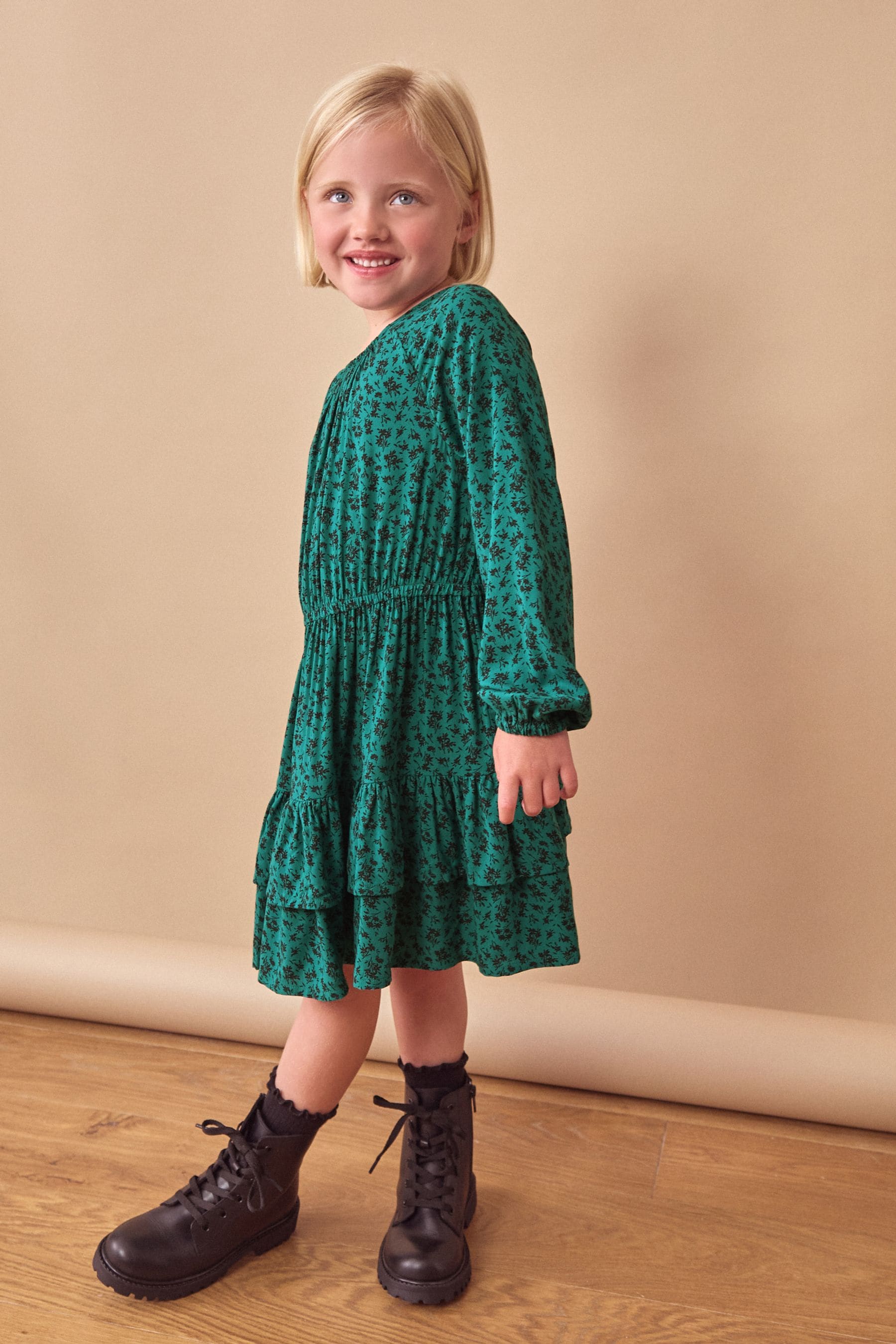 Green Ditsy Tiered Printed Dress (3-16yrs)