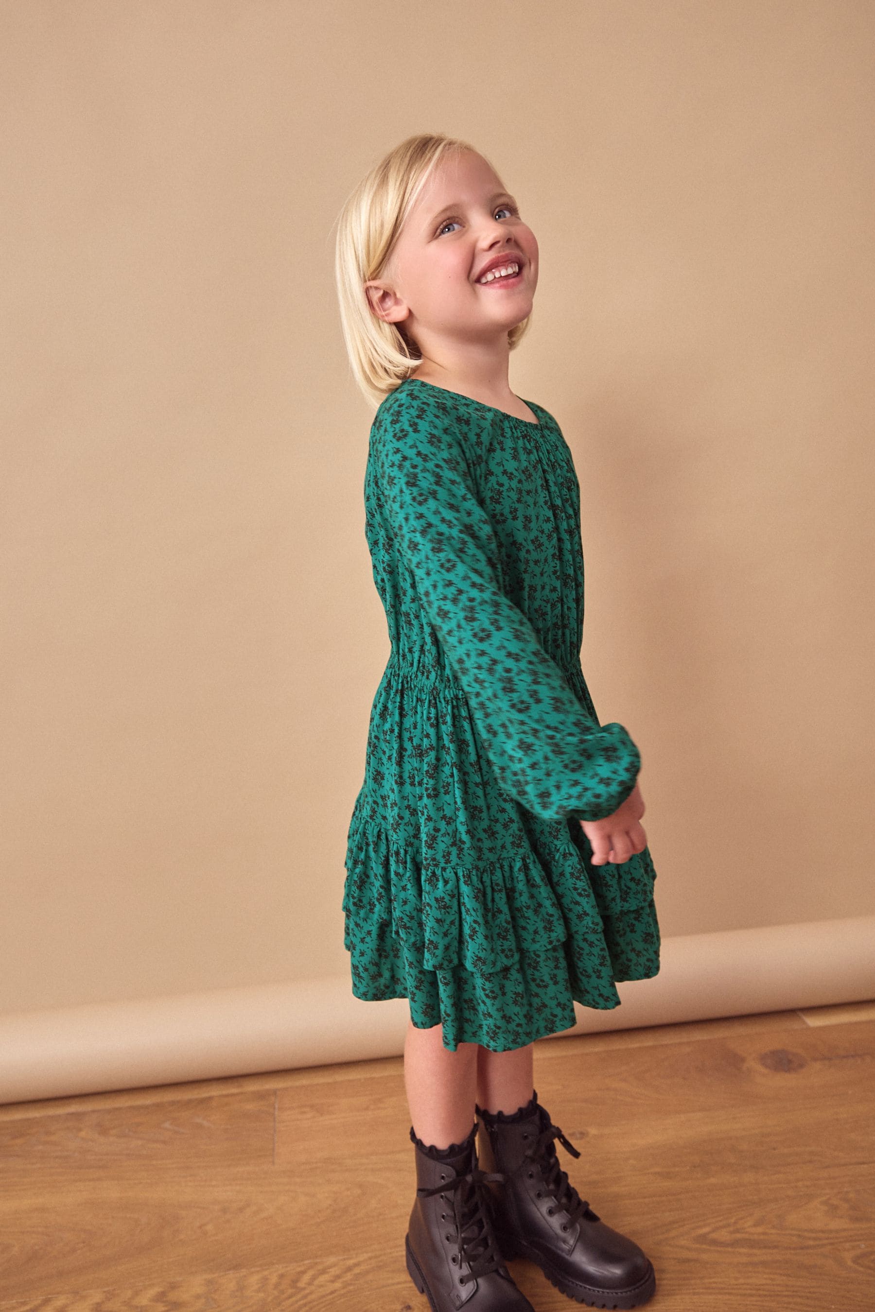 Green Ditsy Tiered Printed Dress (3-16yrs)