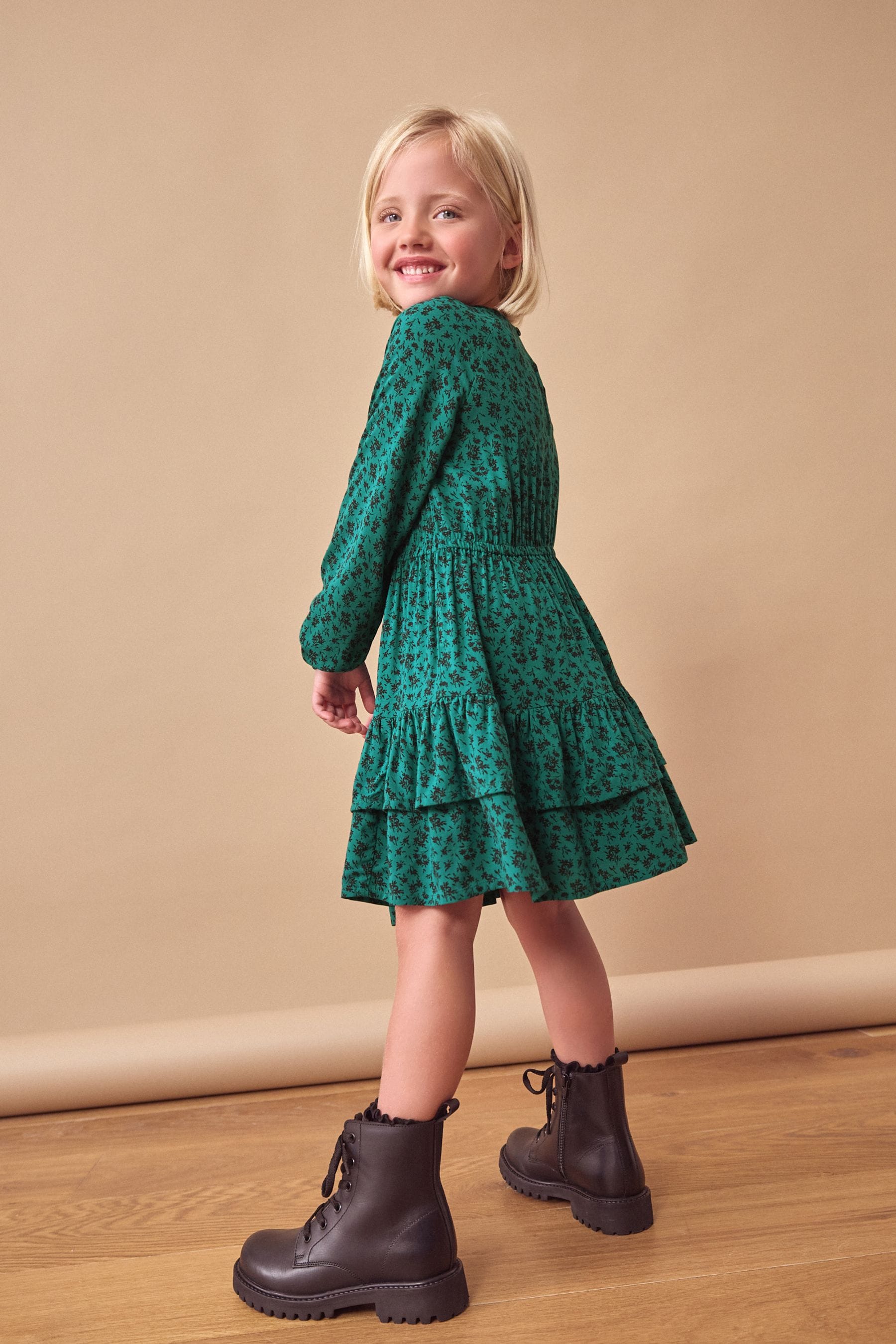 Green Ditsy Tiered Printed Dress (3-16yrs)