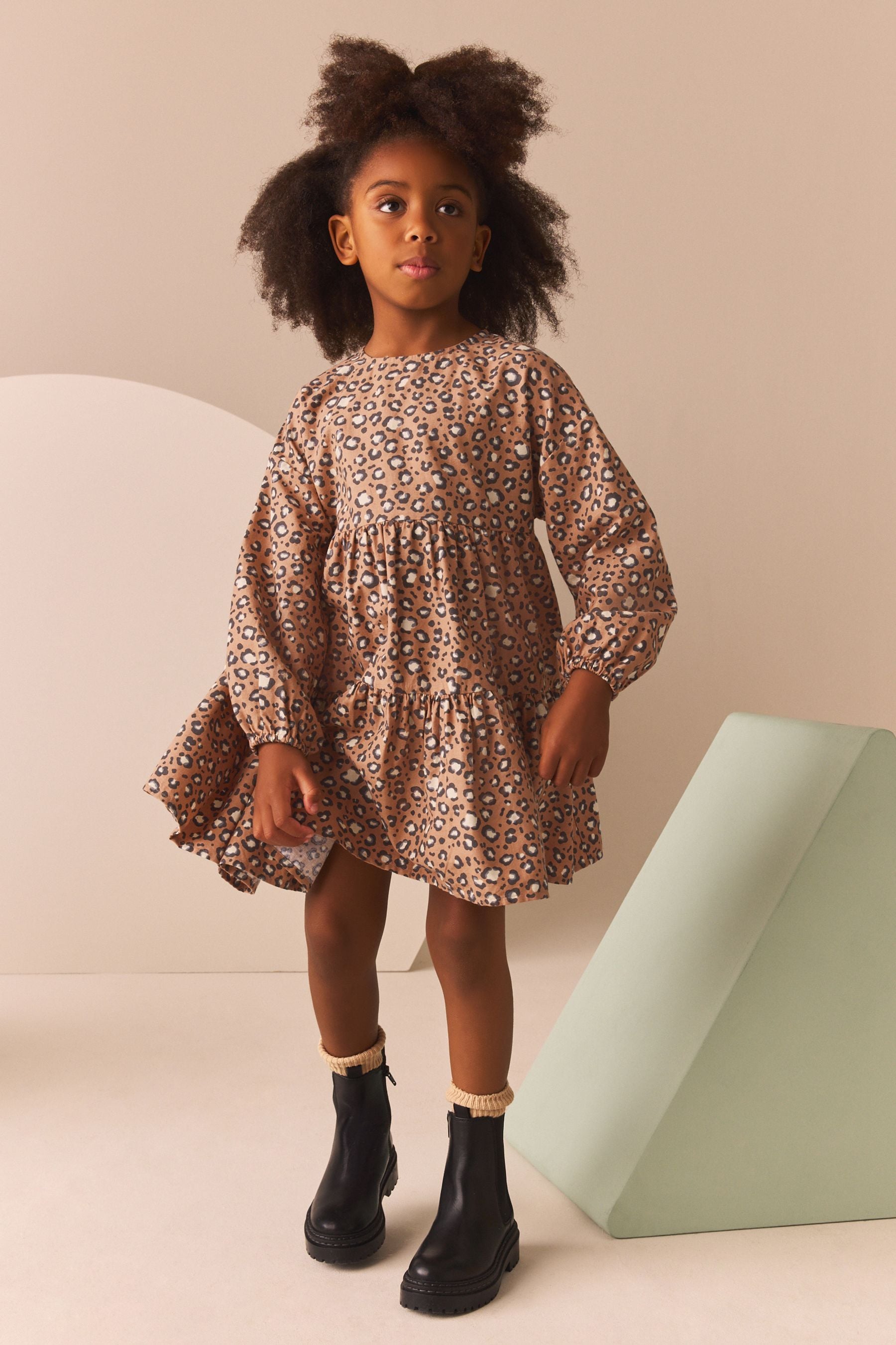 Animal Print Long Sleeve Tiered 100% Cotton Dress (3-16yrs)