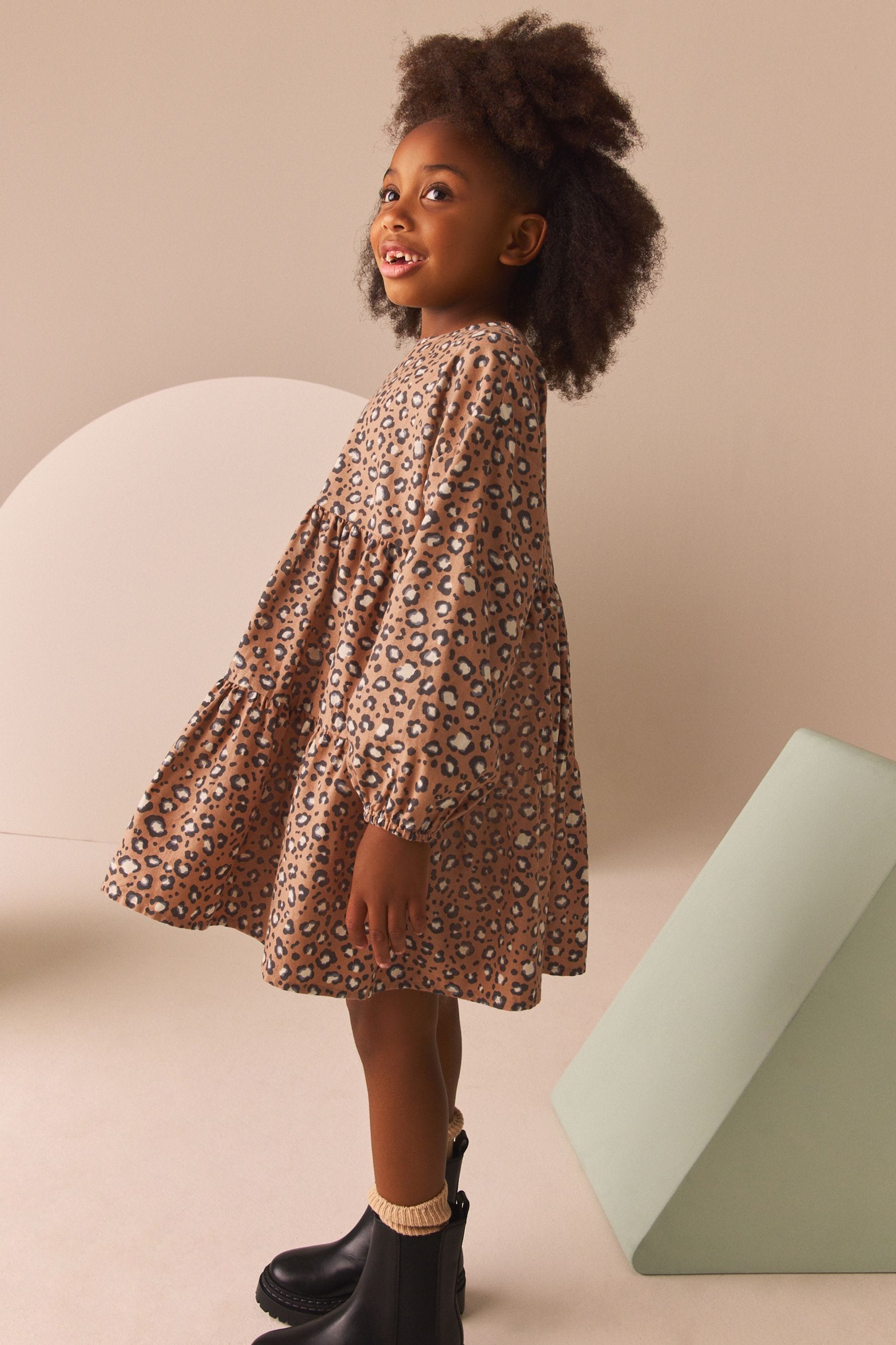 Animal Print Long Sleeve Tiered 100% Cotton Dress (3-16yrs)