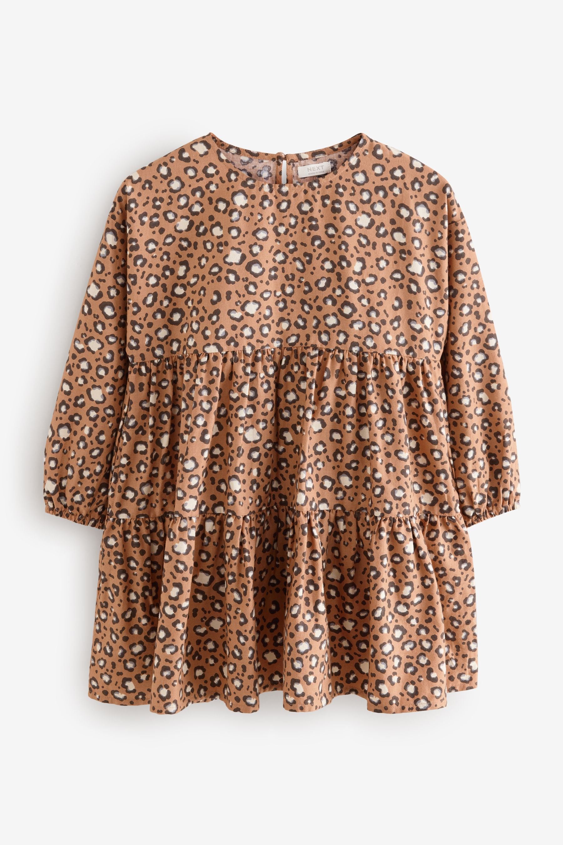 Animal Print Long Sleeve Tiered 100% Cotton Dress (3-16yrs)