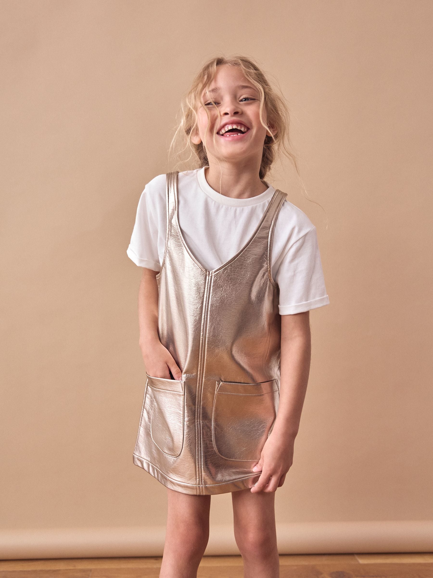 Soft Gold PU 100% Cotton Pinafore And T-Shirt Set (3-16yrs)