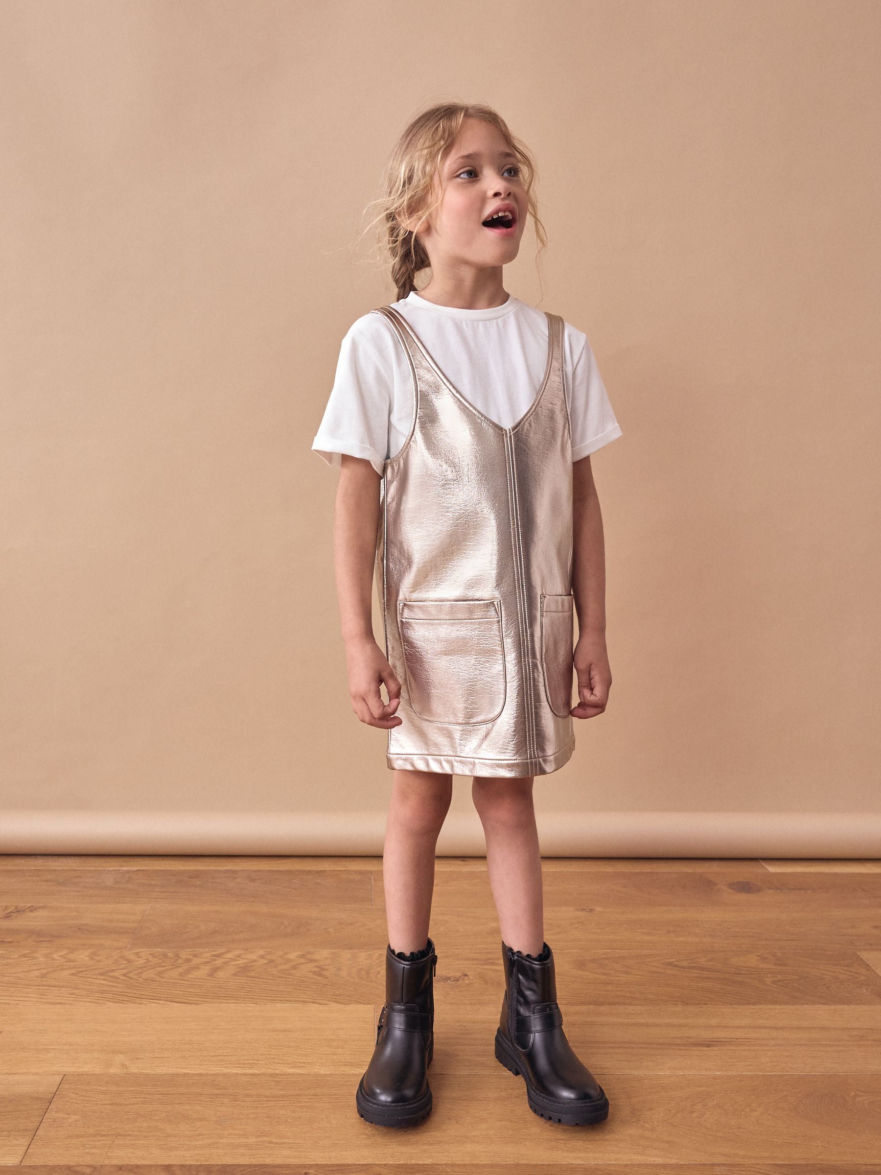 Soft Gold PU 100% Cotton Pinafore And T-Shirt Set (3-16yrs)