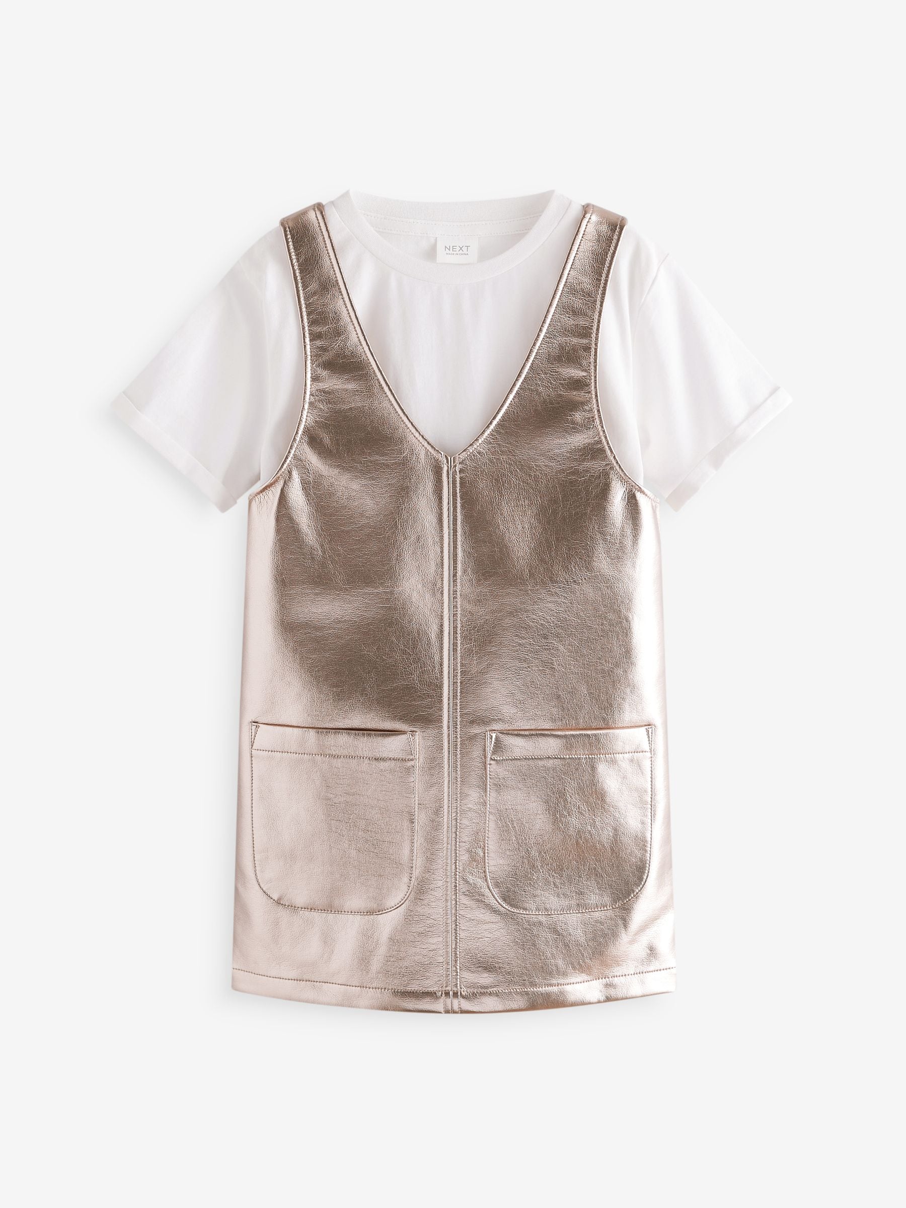 Soft Gold PU 100% Cotton Pinafore And T-Shirt Set (3-16yrs)