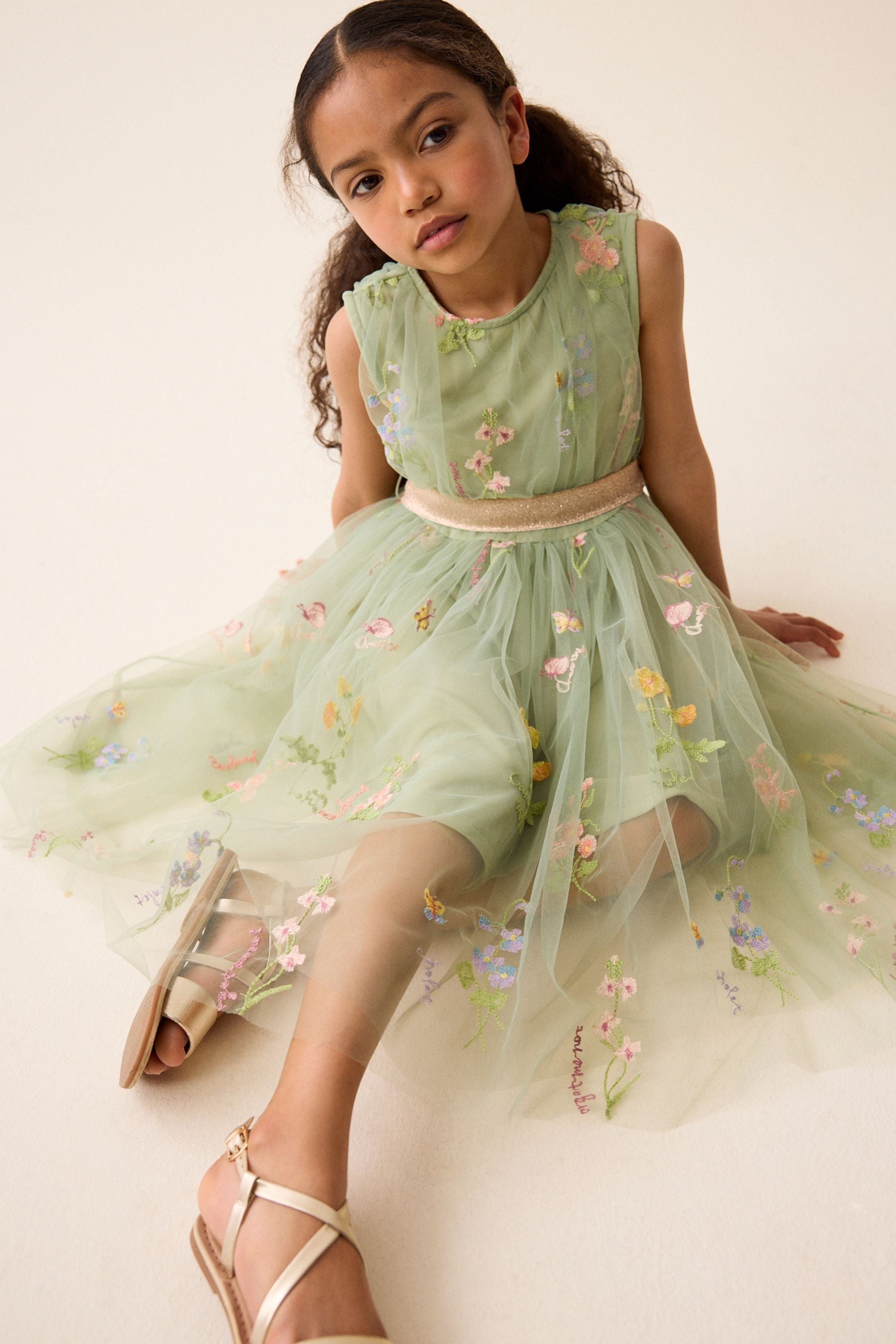 Green Floral Embroidered Mesh Tie Back Party Dress (3-16yrs)