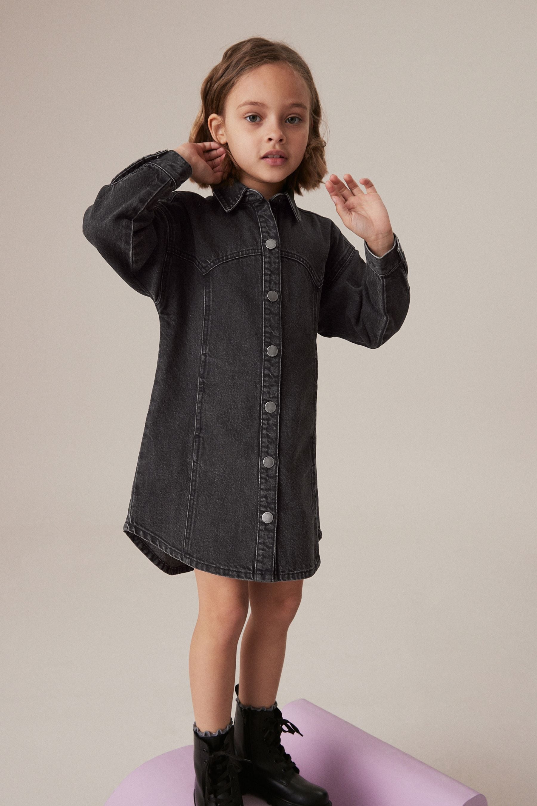 Black Denim 100% Cotton Shirt Dress (3-16yrs)