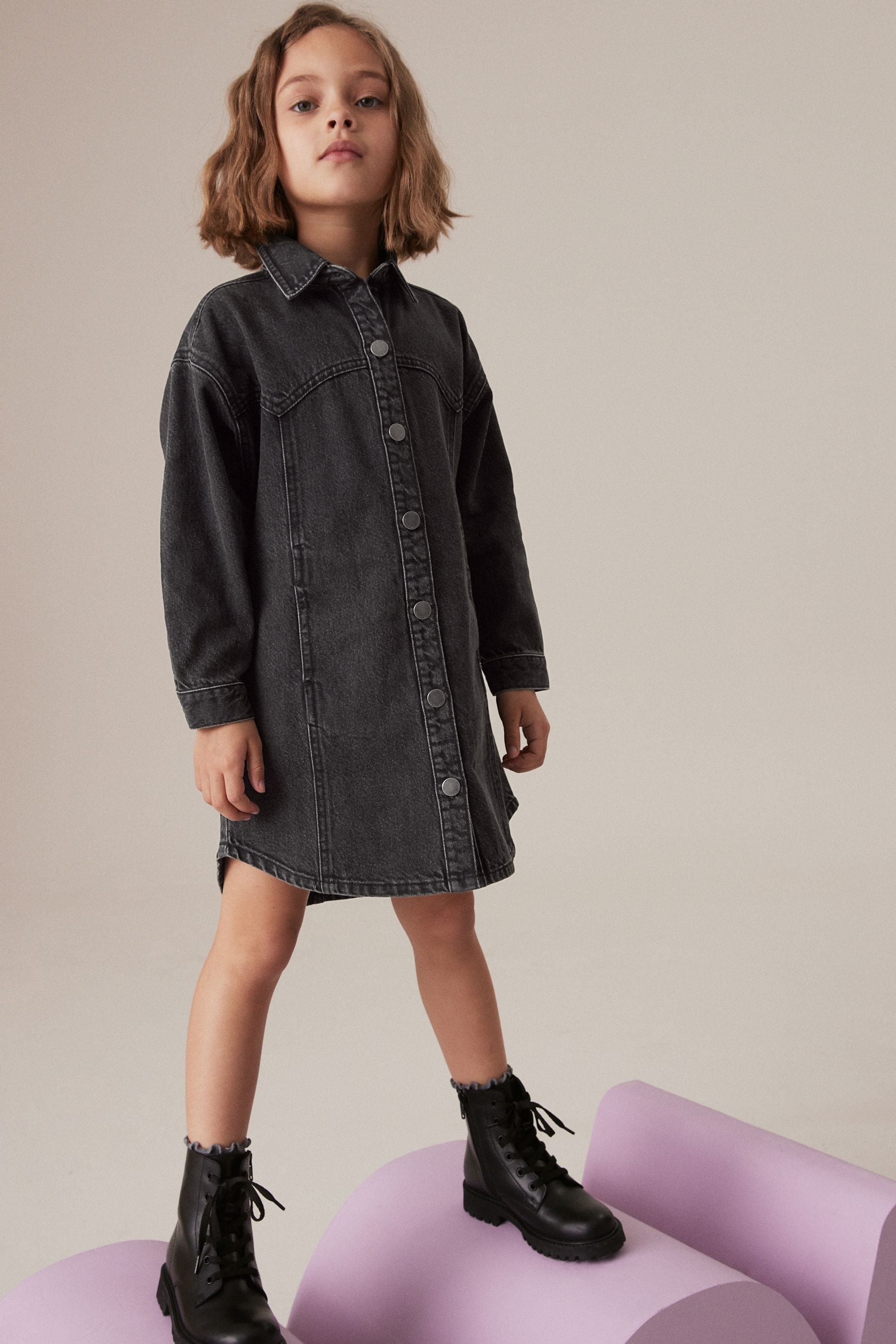 Black Denim 100% Cotton Shirt Dress (3-16yrs)