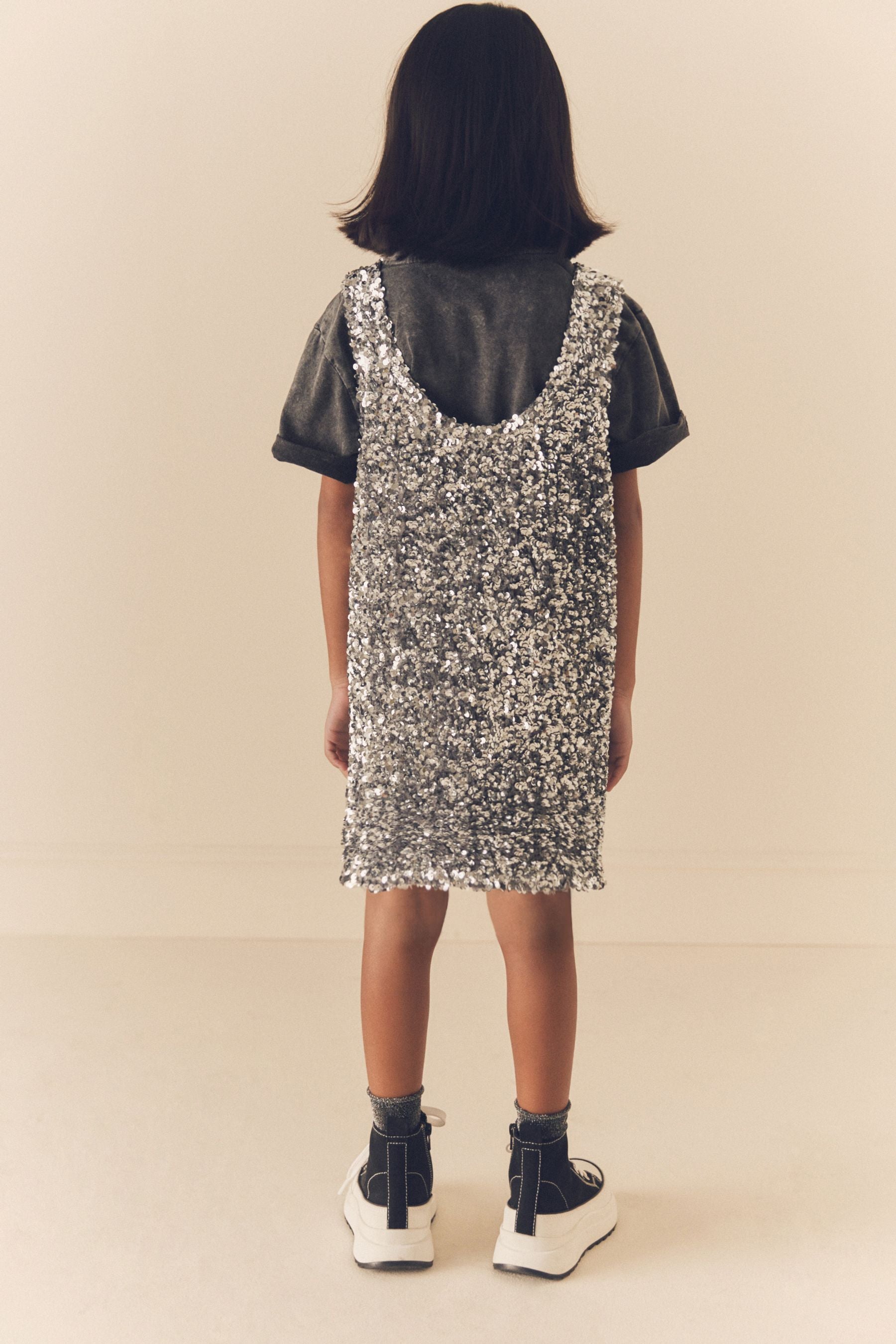 Silver Sequin Pinafore And T-Shirt Set (3-16yrs)