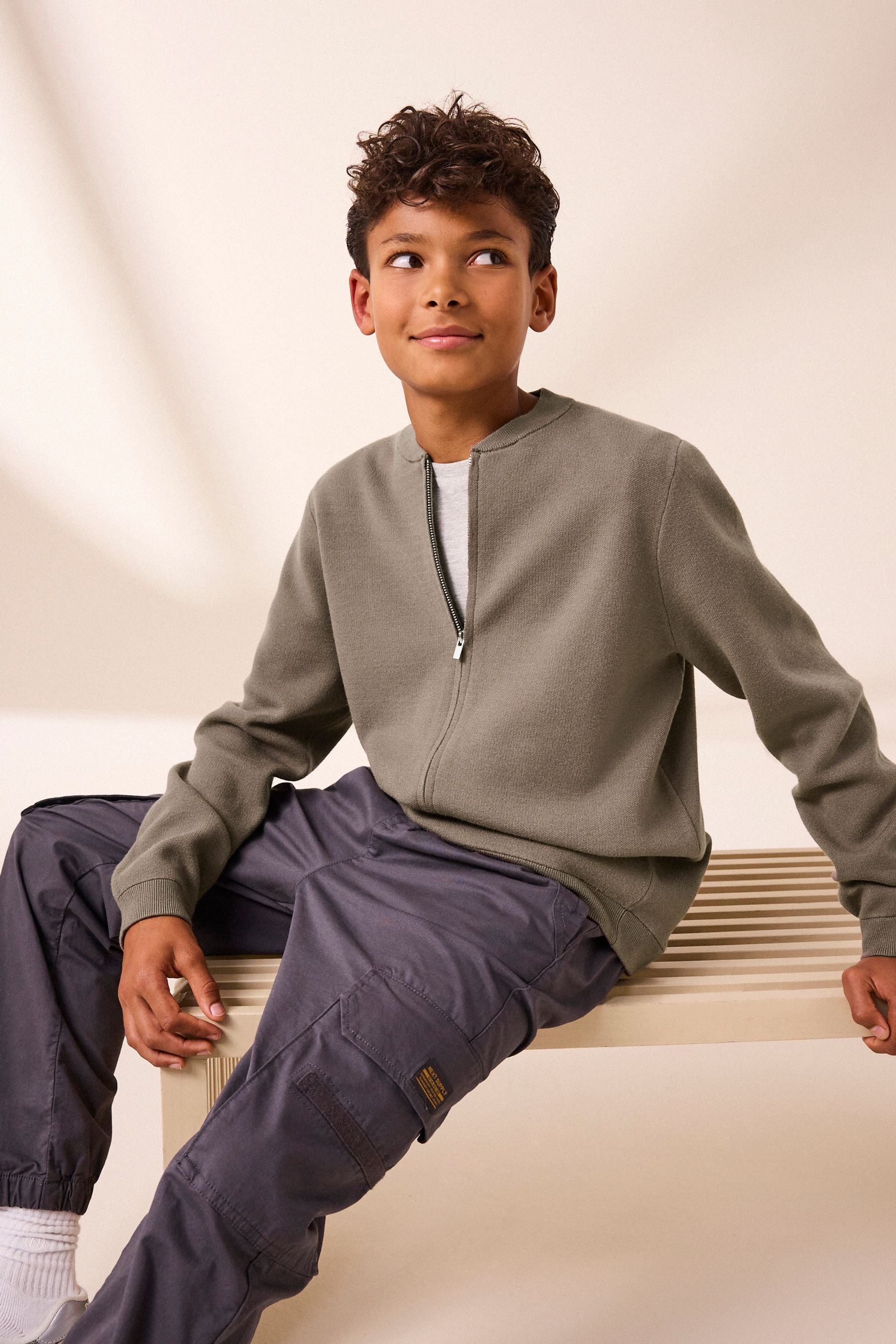 Neutral Knitted Zip Through Bomber Cardigan (3-16yrs)