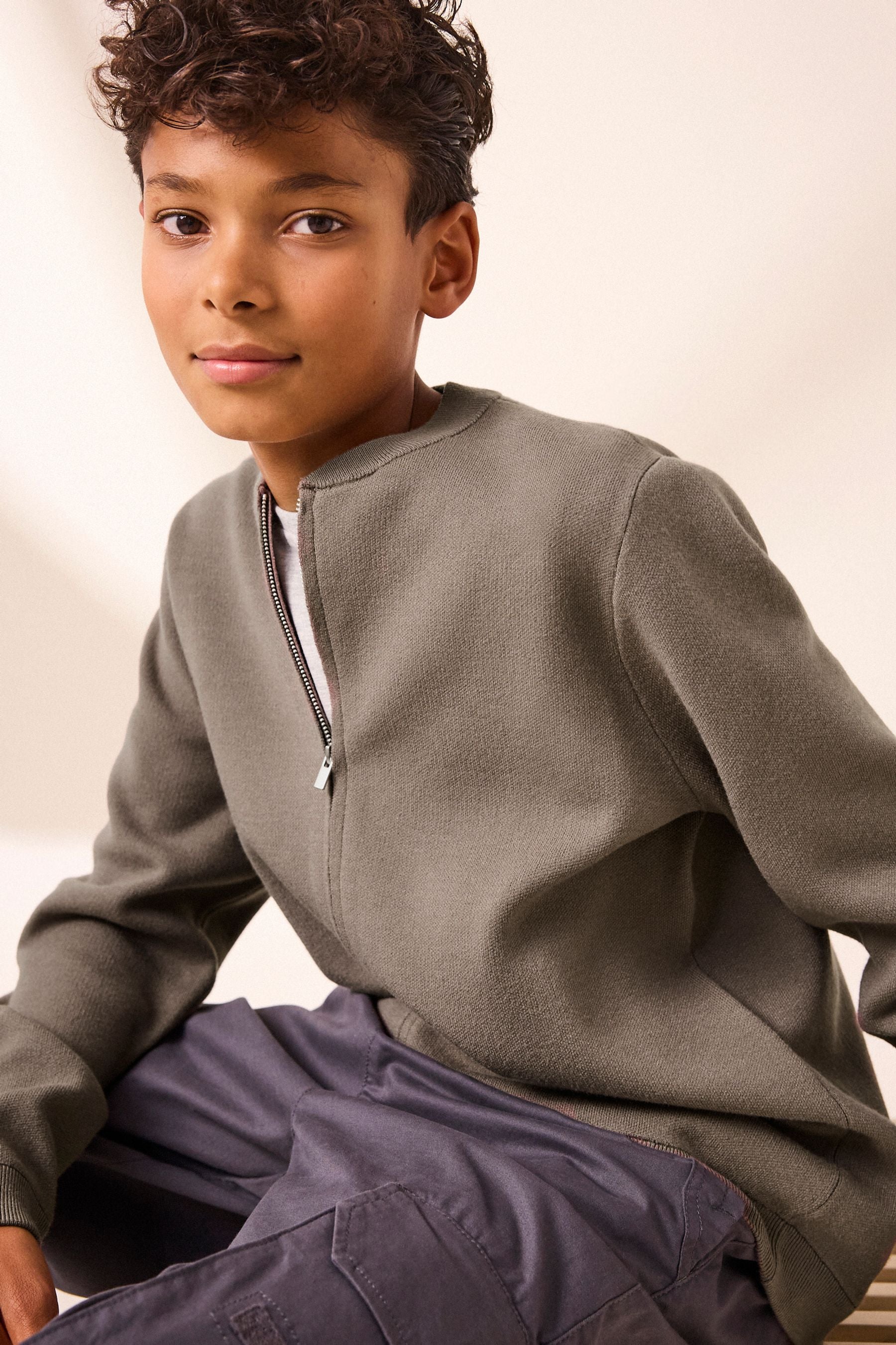 Neutral Knitted Zip Through Bomber Cardigan (3-16yrs)