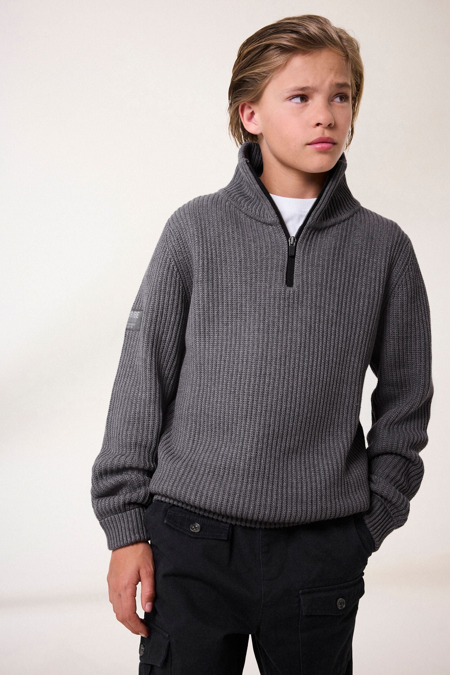 Charcoal Grey Utility Knitted Zip Neck Jumper (3-16yrs)