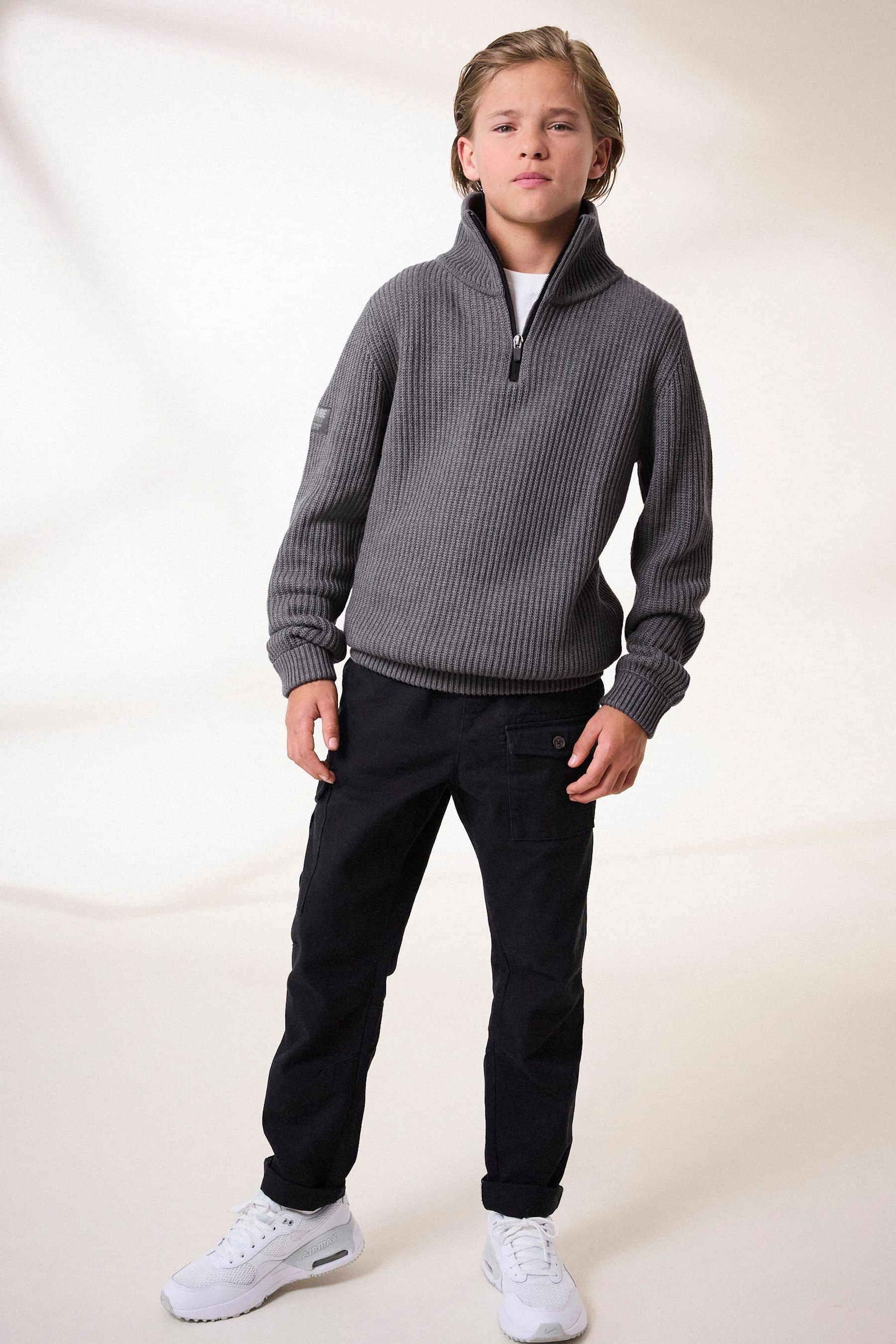 Charcoal Grey Utility Knitted Quarter Zip Jumper (3-16yrs)