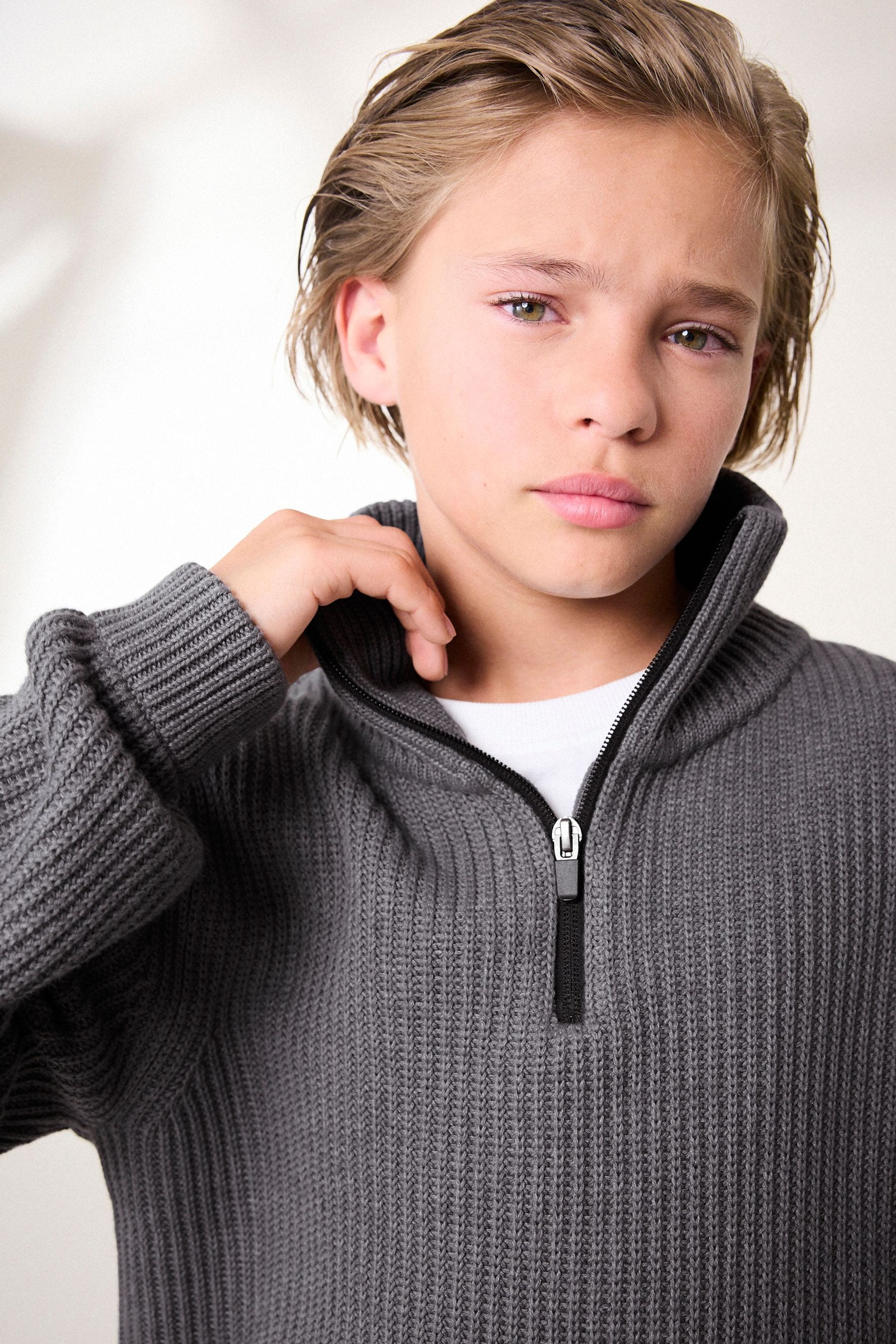 Charcoal Grey Utility Knitted Zip Neck Jumper (3-16yrs)