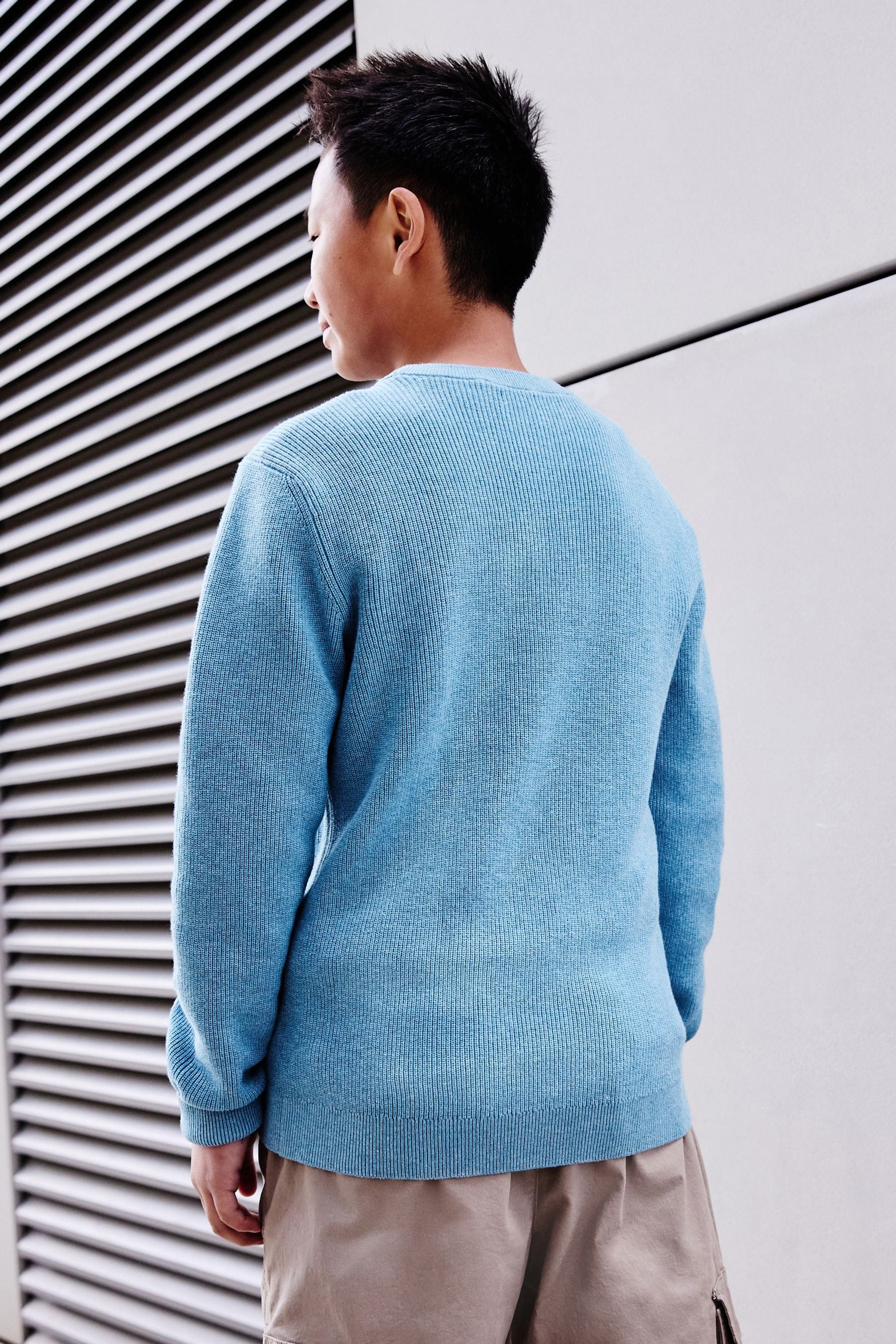 Blue 100% Cotton Crew Neck Knitted Jumper (3-16yrs)