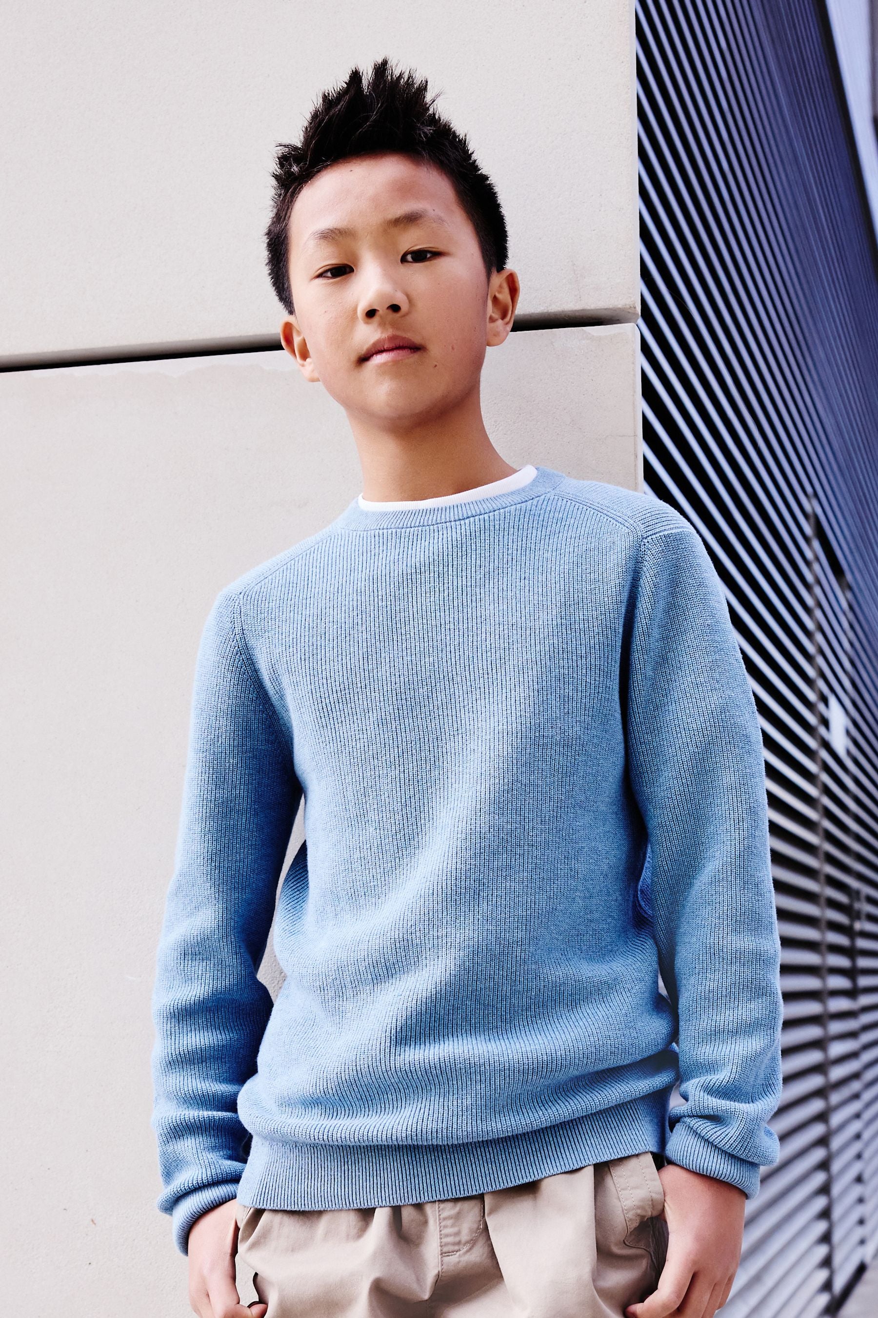 Mineral Blue 100% Cotton Crew Neck Knitted Jumper (3-16yrs)