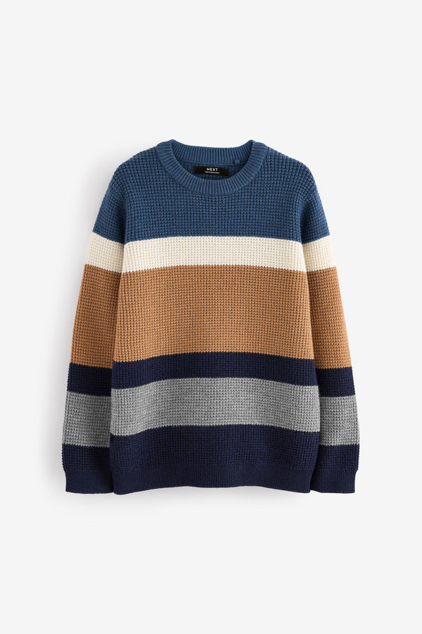 Blue/Neutral Stripe Knitted Crew Neck Jumper (3-16yrs)