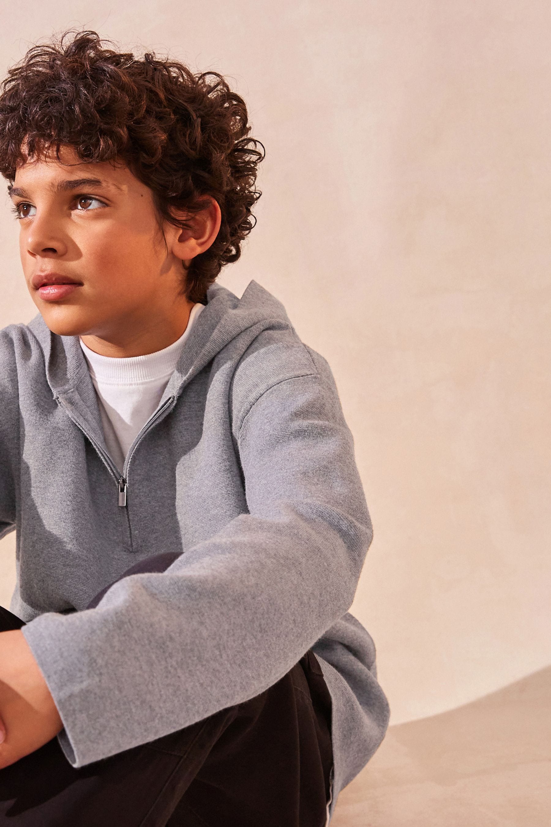 Grey Zip Neck Knitted Hoodie (3-16yrs)