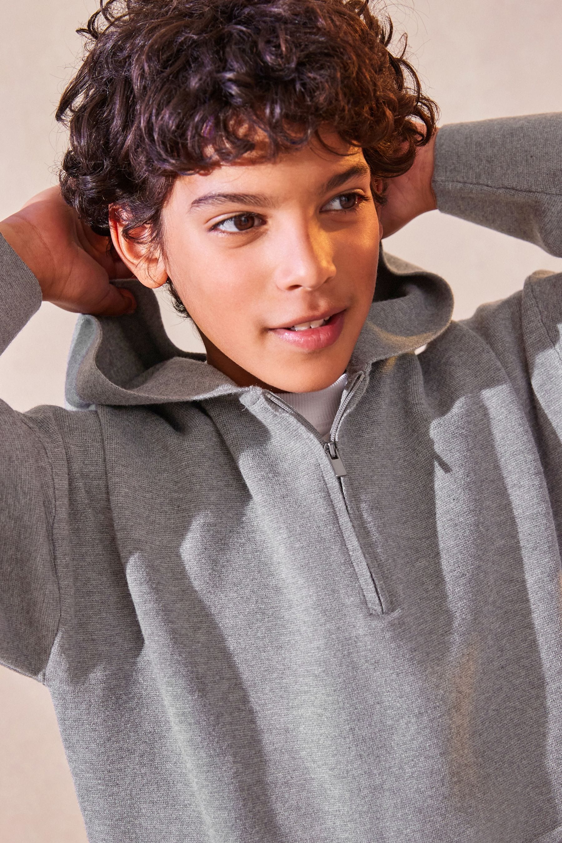 Grey Zip Neck Knitted Hoodie (3-16yrs)