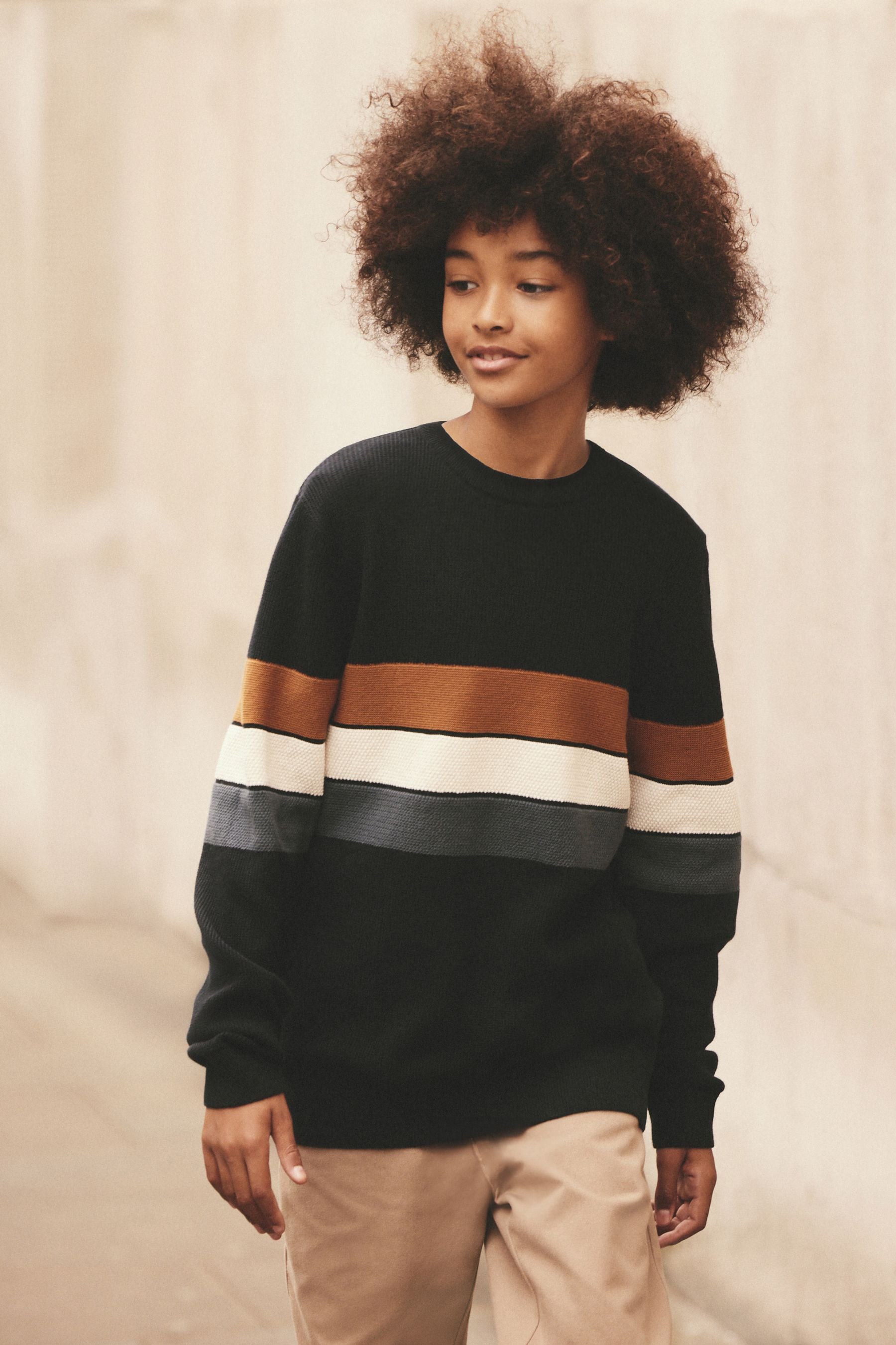 Neutral/Navy Stripe Long Sleeve 100% Cotton Crew Neck Jumper (3-16yrs)