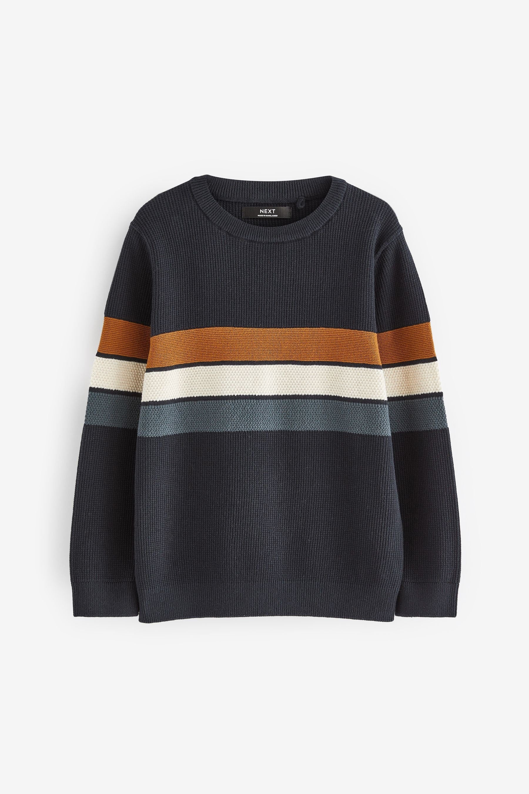 Neutral/Navy Stripe Long Sleeve 100% Cotton Crew Neck Jumper (3-16yrs)