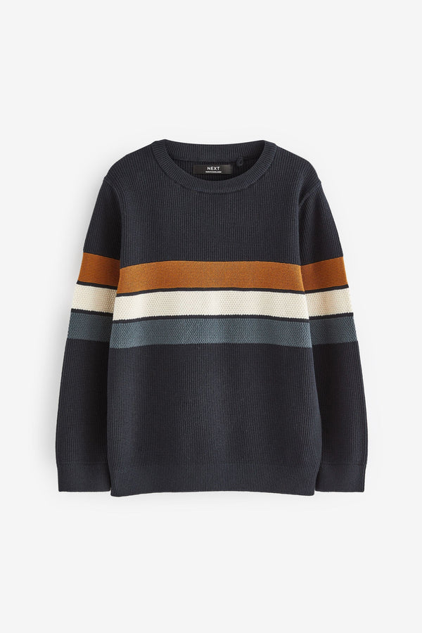 Neutral/Navy Stripe Long Sleeve 100% Cotton Crew Neck Jumper (3-16yrs)