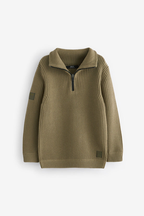 Khaki Green Utility Knitted Quarter Zip Jumper (3-16yrs)