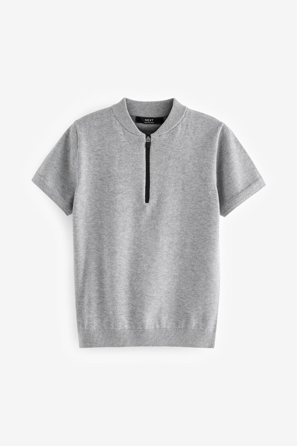 Grey 100% Cotton Knitted Quarter Zip Polo Shirt (3-16yrs)